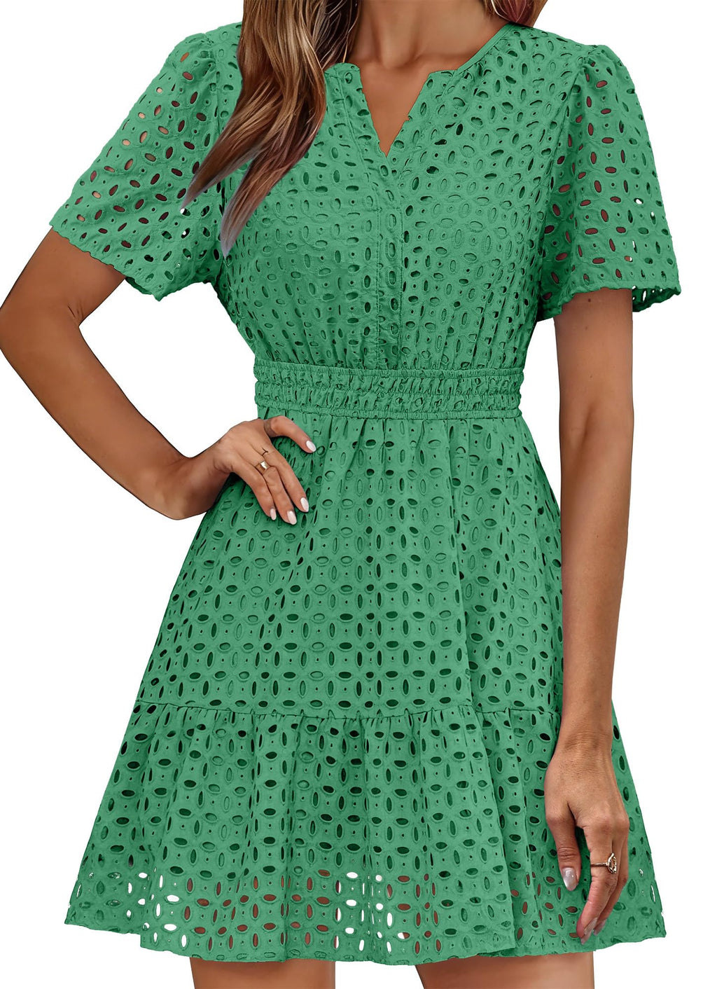 RUMIA Summer Dresses for Women 2026 V Neck Eyelet A Line Graduation Beach Wedding Guest Spring Dress Green Medium