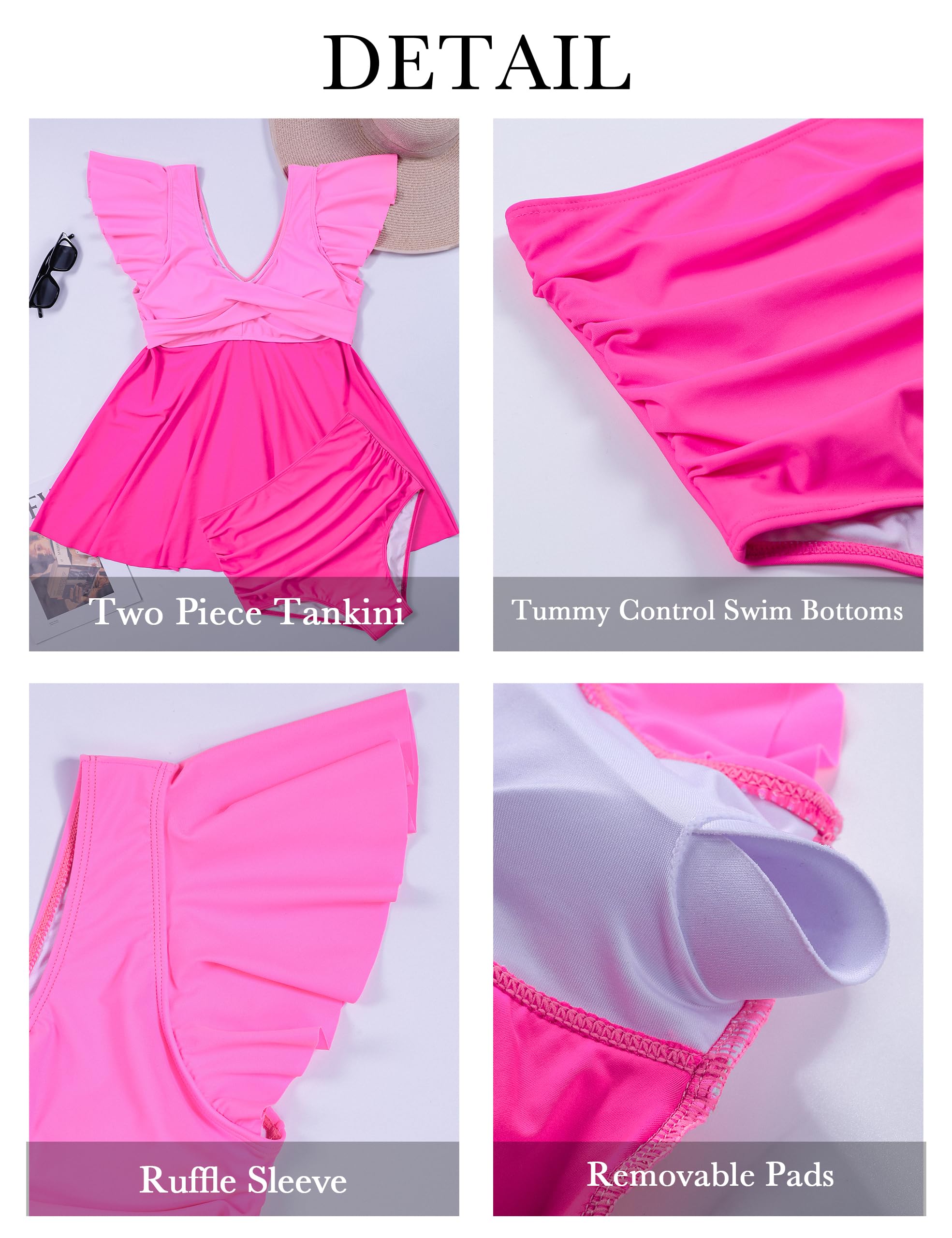 Edelqual Women's Plus Size Tankini Swimsuits Swim Dress Tummy Control Bathing Suits Two Piece Full Coverage High Waisted Modest Curvy Swimwear 2025(Color Block Hot Pink,3XL)