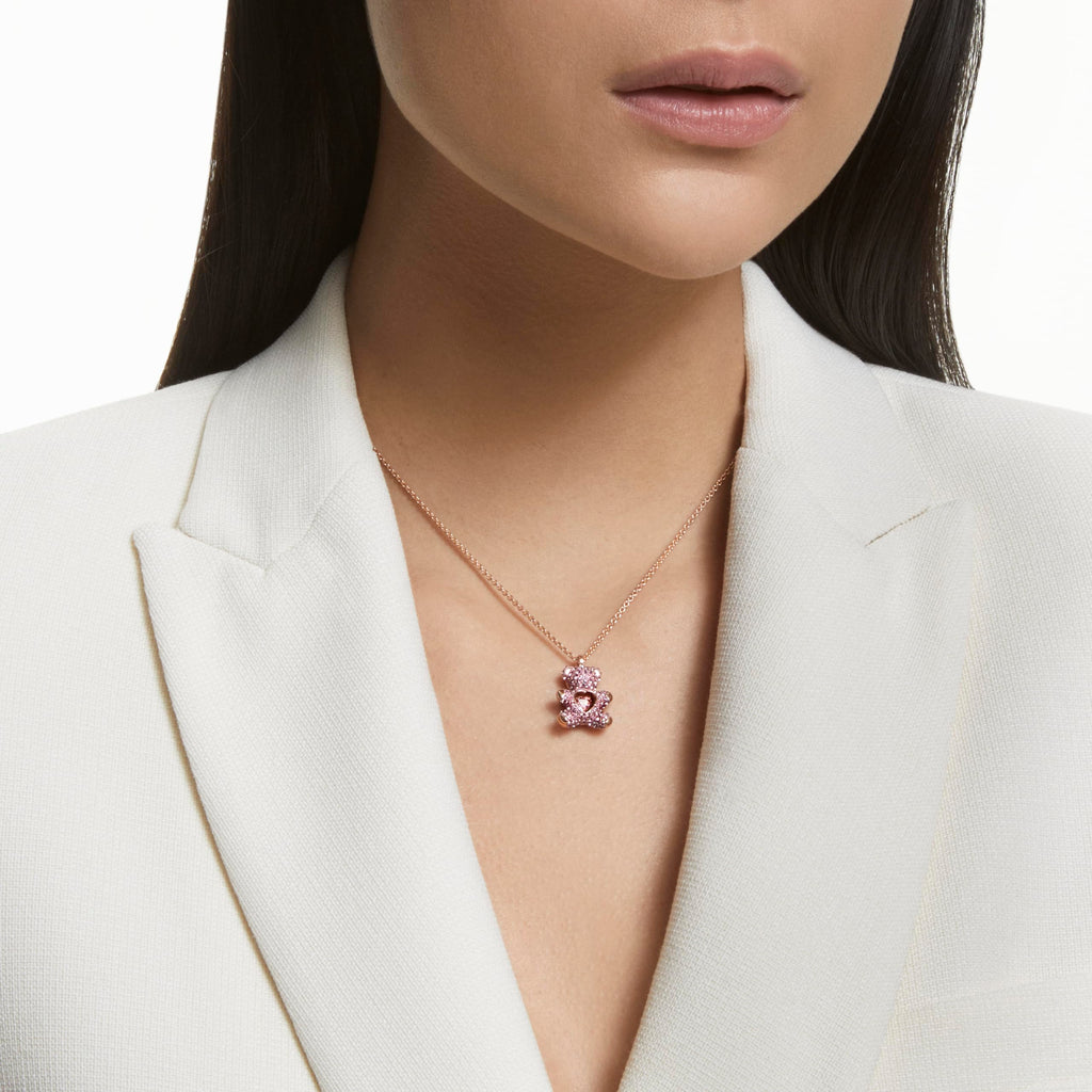 Swarovski Teddy Bear Pendant Necklace, Pink Crystals, Rose Gold-Tone Finish