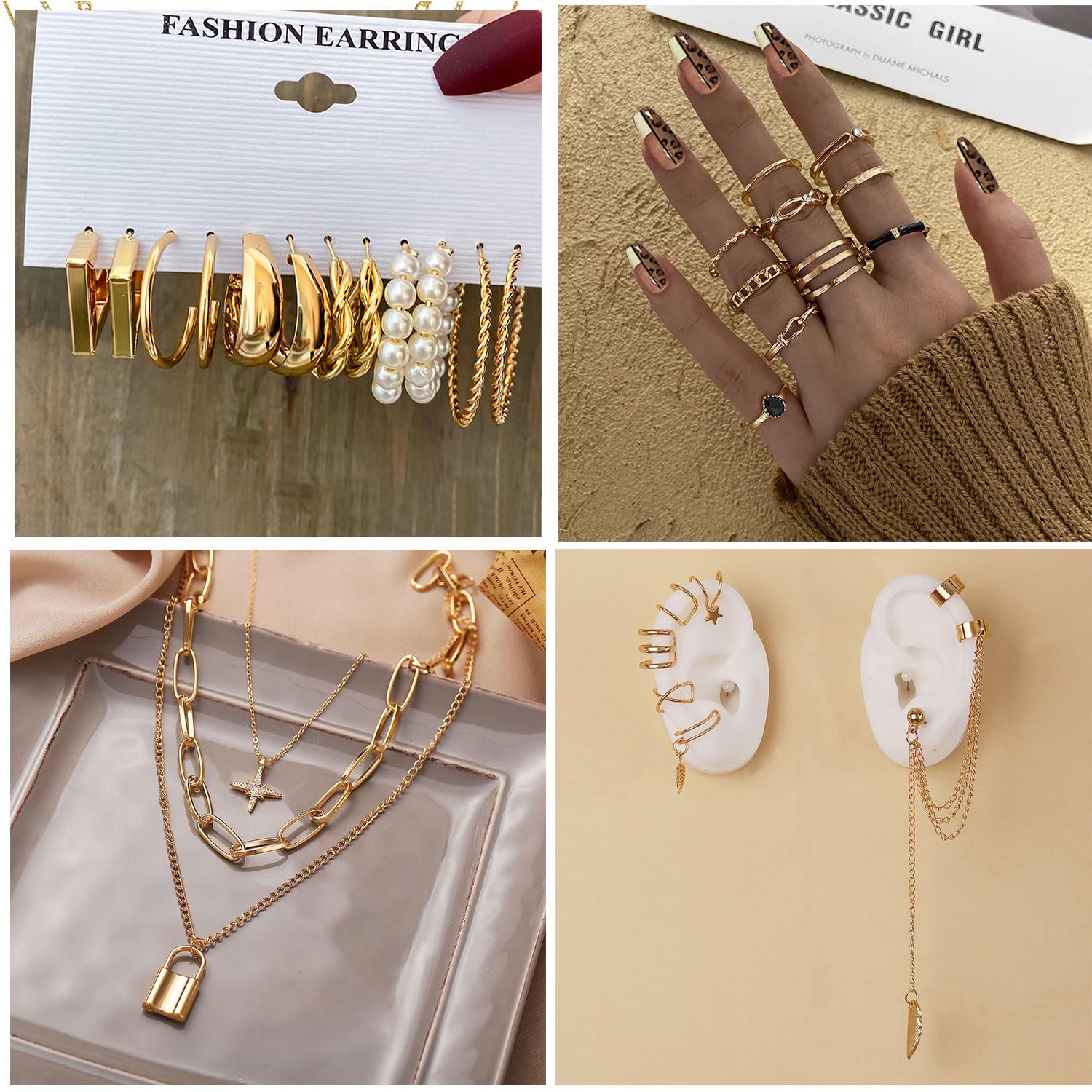 CONGYING 65 Pcs Gold Jewelry Set with 6Pcs Layered Necklace, 11 Pcs anklet and 7Pcs Earring Ear Cuff,11Hoop Earrings,15pcs Rings,15pcs stud earrings Jewerly set for Women Gift