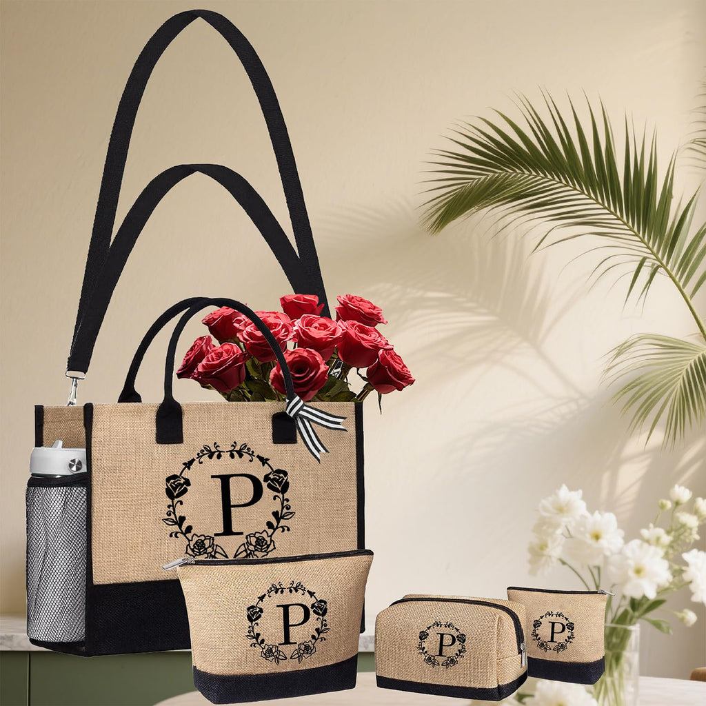 Initial Tote Bag & 3 Makeup Bags, Personalized Mothers Day Gifts for Women, Beach Tote Bag for women w/Zipper, Birthday Gifts for Women Mom Her Girlfriend Wife Sister Friend Daughter(S 4Pcs)