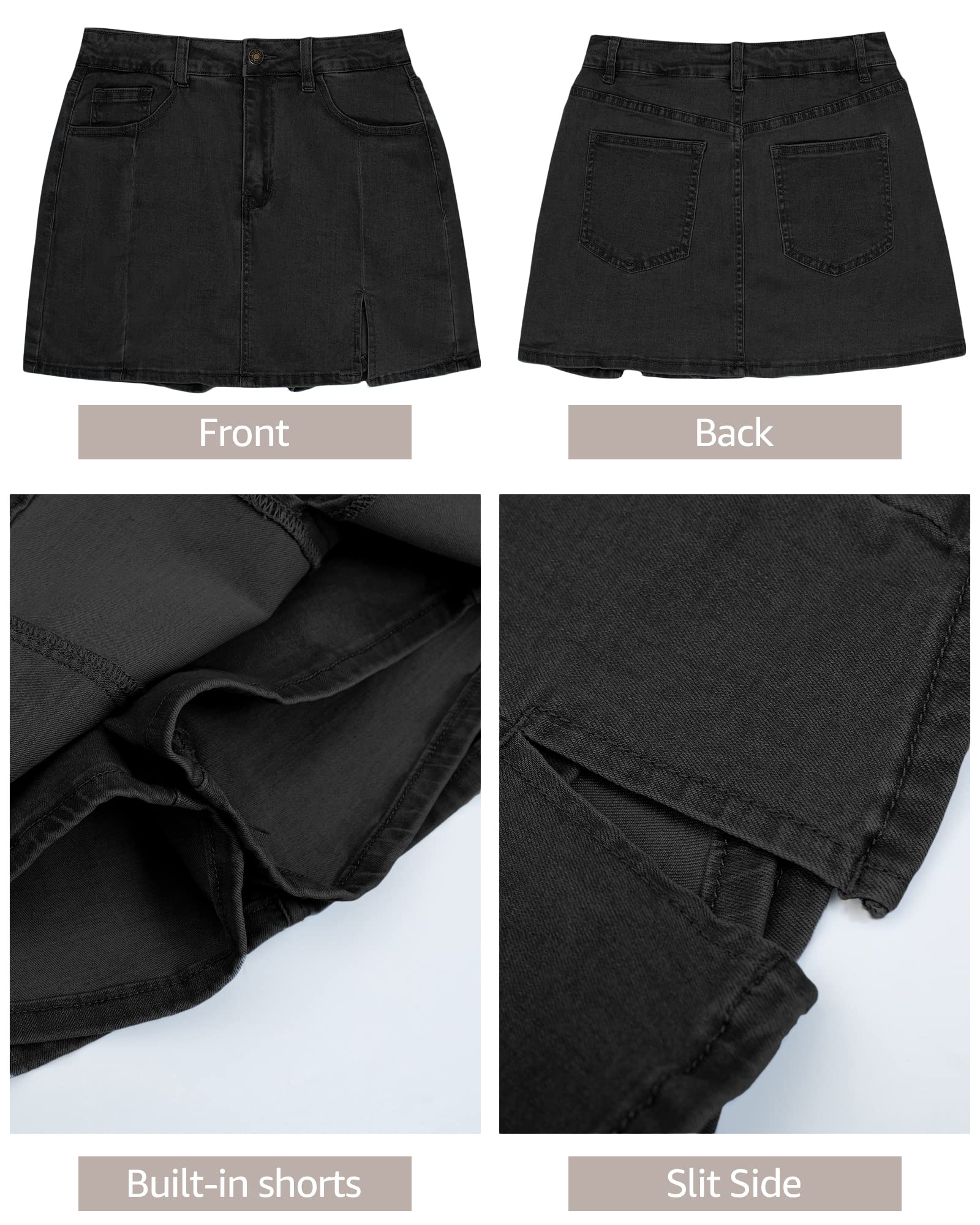 luvamia Skorts Skirts for Women Denim Mini Skirt Side Slit with High Waisted Jean Shorts Stretchy Black Jean Shorts for Women Cute Country Concert Outfits Soft Black X-Large Size 16-18
