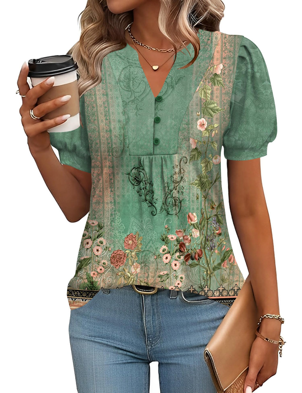 IECCP Ladies Tops and Blouses V Neck Short Sleeve Work Tops Button Front Dressy Casual Blouses Tunic (Green Floral,L)