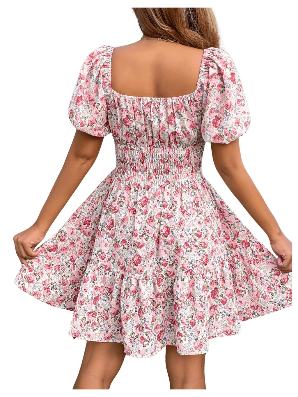 Floerns Women's Boho Square Neck Puff Short Sleeve Self Tie Front A Line Dress A Pink L