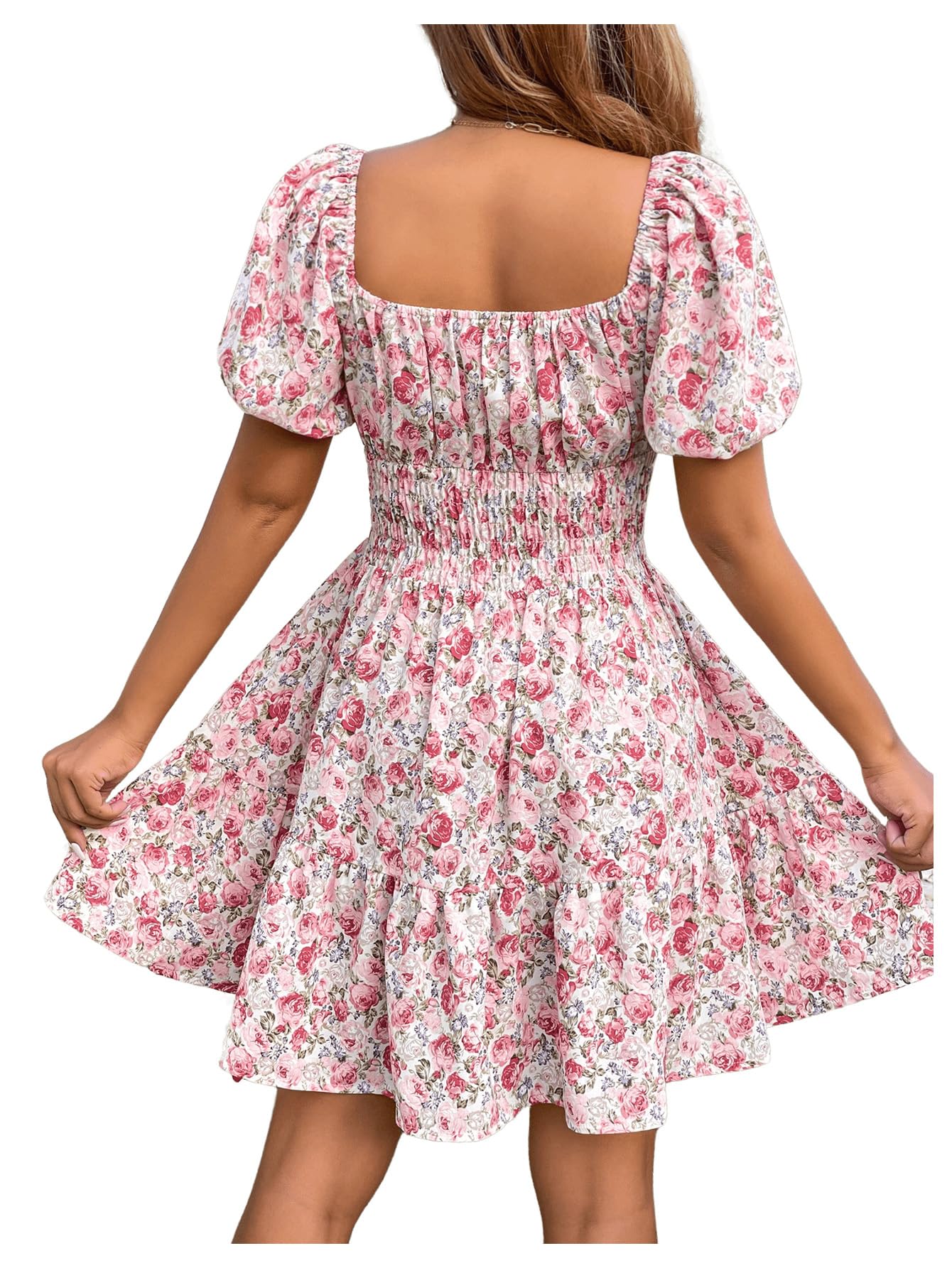 Floerns Women's Boho Square Neck Puff Short Sleeve Self Tie Front A Line Dress A Pink L