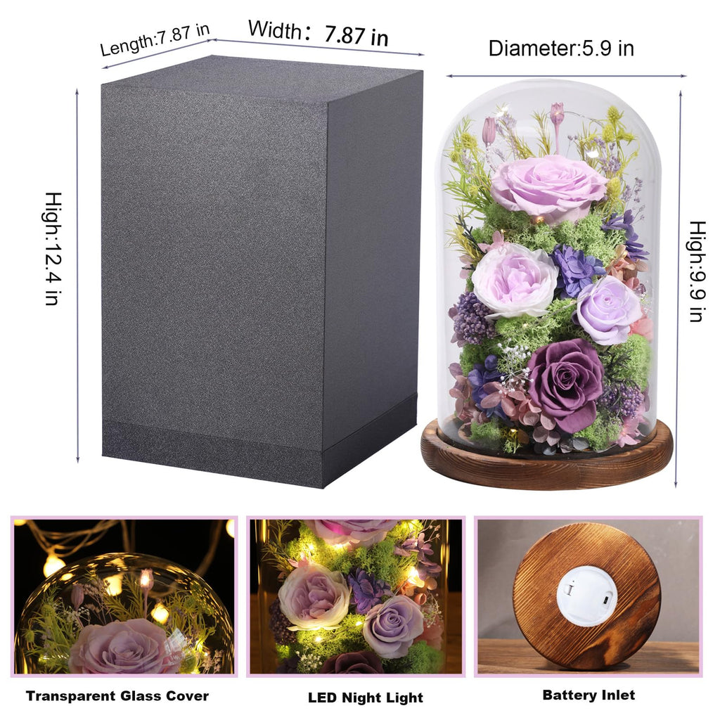 lovenfold Flowers for Delivery Preserved Flowers Rose in Glass Dome,Lilac Rose Forever Flowers Birthday Gifts for Women Mom Grandma Friend Gifts for Her,Home Decor