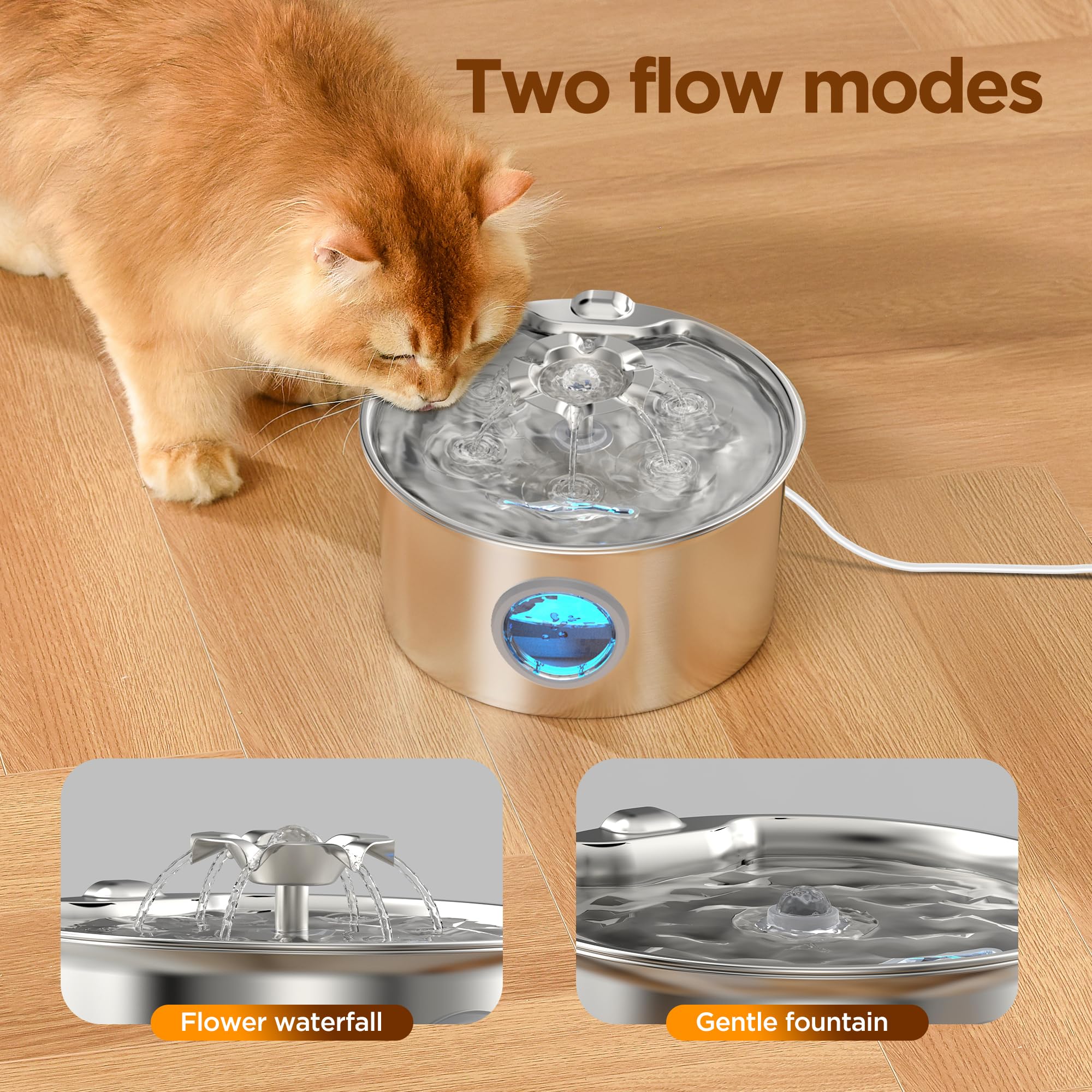 Cat Water Fountain Stainless Steel: 88oz/2.6L Pet Drinking Fountains with 6 Filters Water Bowl for Cats Inside with Flower Kitty Spout Dog Dispenser Animal Watering Supplies - Water Level Window