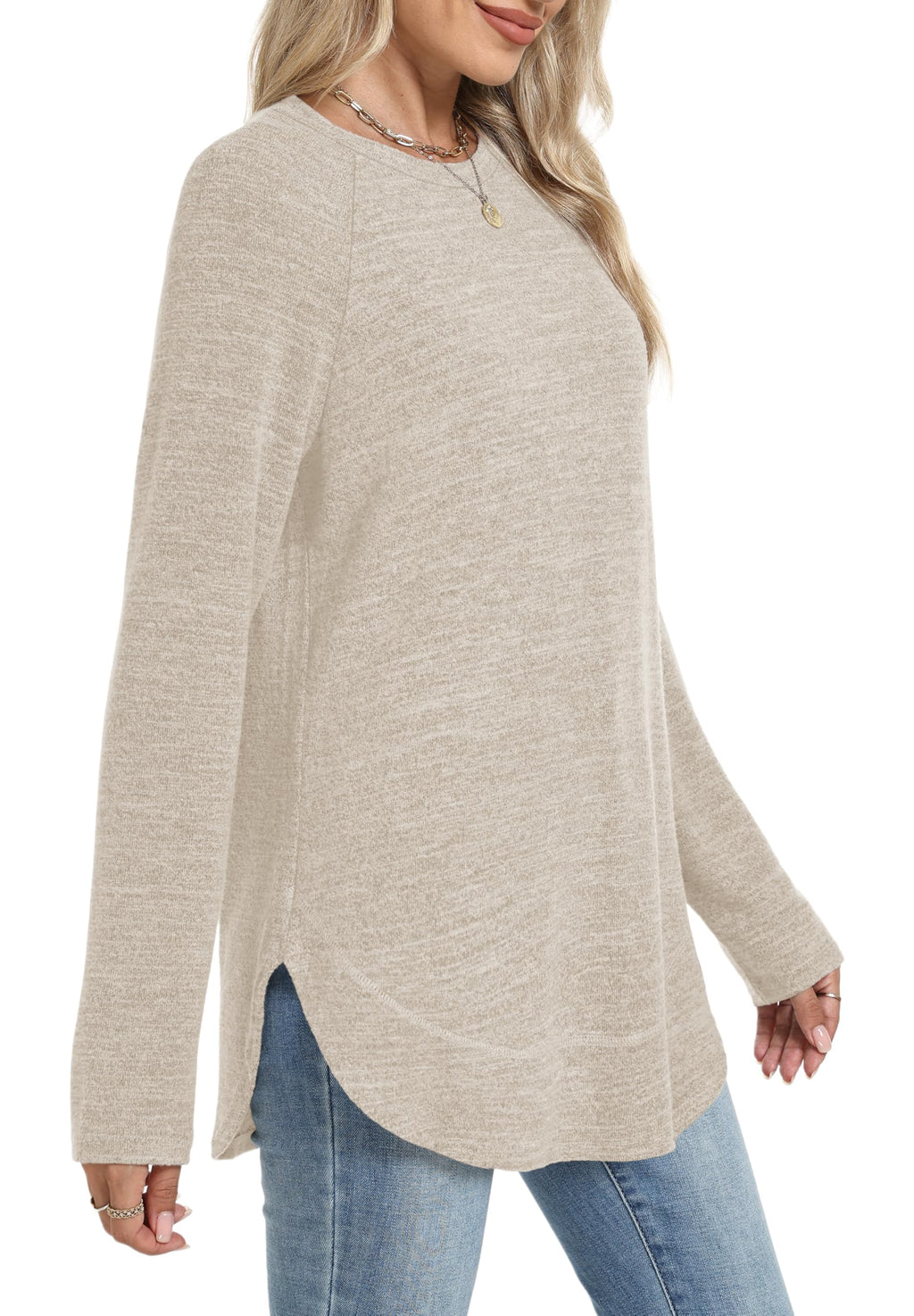 Sampeel Womens Early Fall Fashion 2025 Tunic Tops for Women Loose Fit Dressy Casual Sweaters Long Sleeve Shirts Fall Clothes Comfiest Airport Outfits Beige L