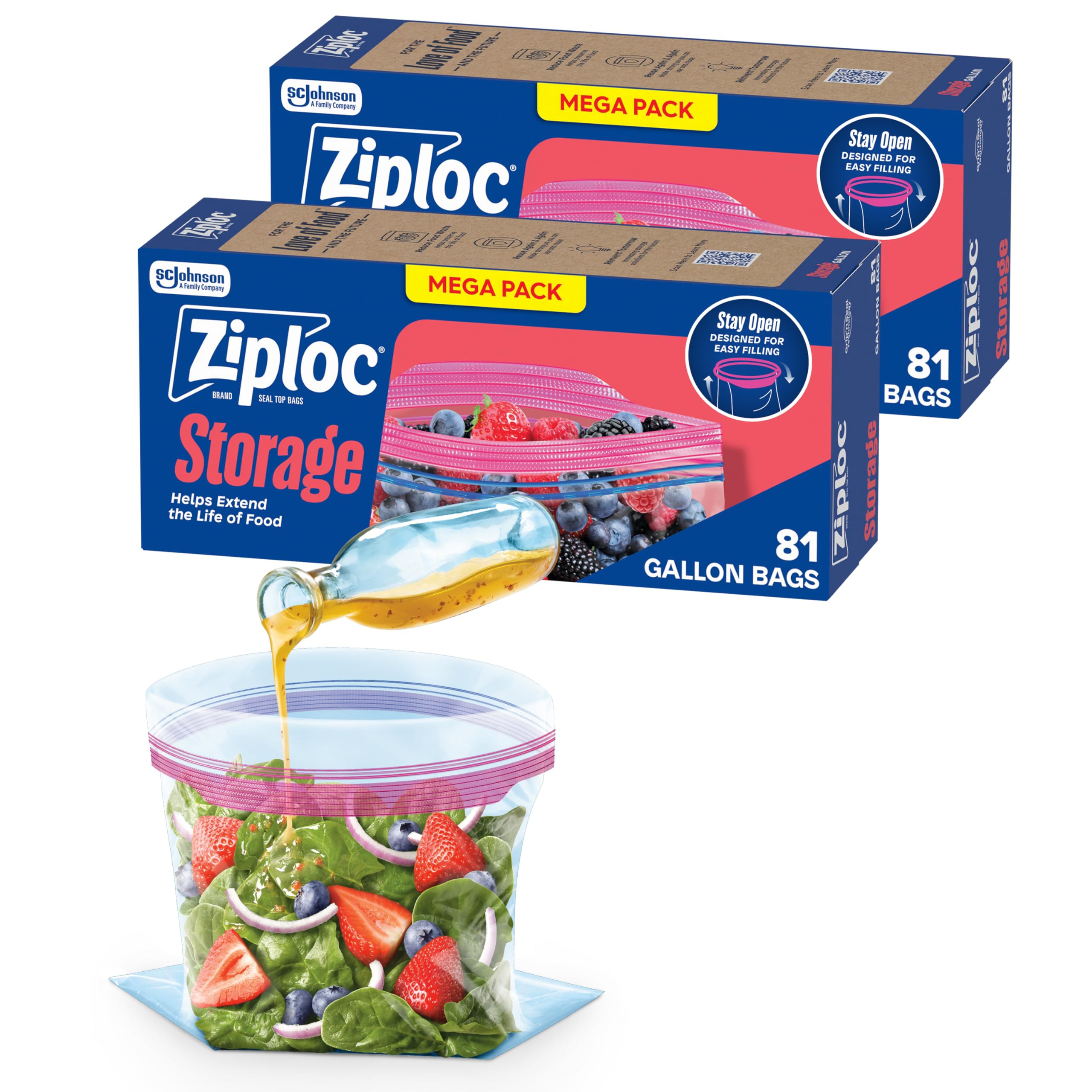 Ziploc Gallon Food Storage Bags, Stand-Up Bottom, Easy to Fill, 162 Count (Packaging May Vary)