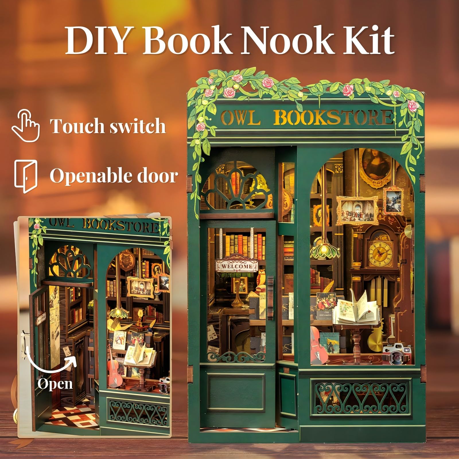 Fsolis Book Nook Kit, DIY Scene Miniature House Kit Tiny House Mini Booknook Craft Bookshelf Decor, 3D Puzzles for Adults, 139 Wooden Pieces, Scale Library Model, Gifts for Book Lovers（OWL Bookstore）