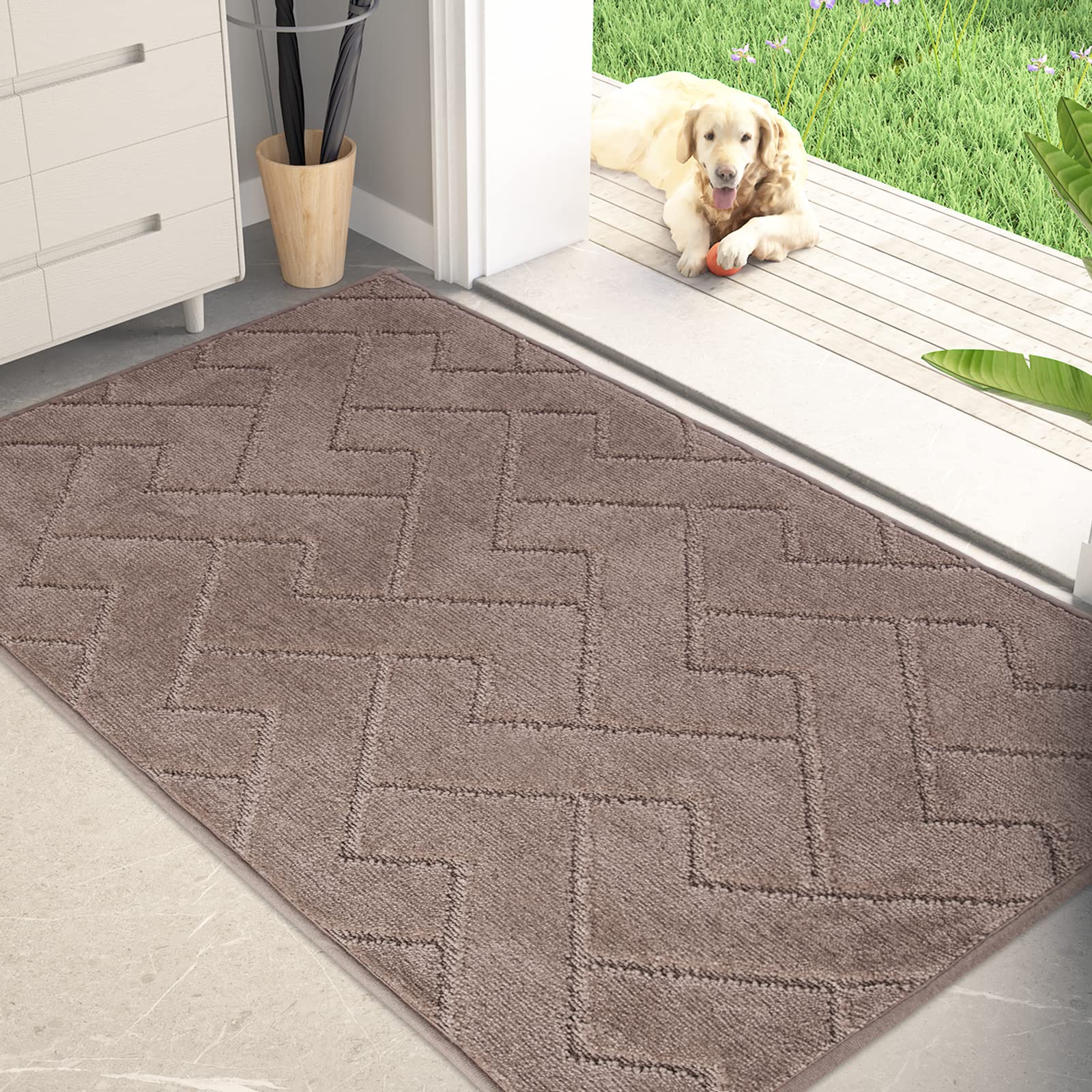 PURRUGS Dirt Trapping Door Mat 34" x 59", Non-Slip Machine Washable Entry Rug, Dog Doormat, Indoor Front Door Mat, Super Absorbent Entryway Rug for Muddy Shoes & Paws, Grayish Brown