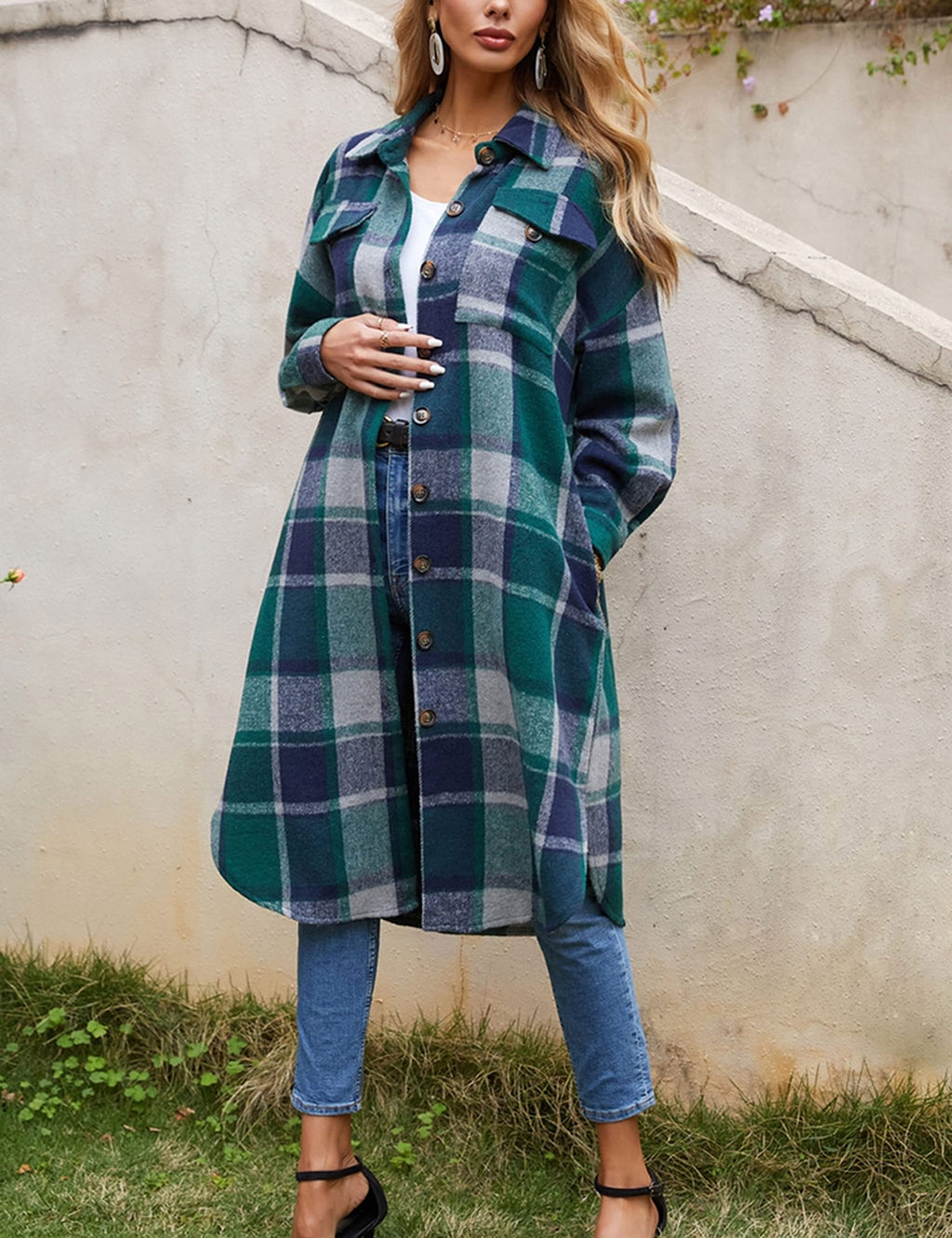 Himosyber Women's Casual Plaid Lapel Woolen Button Up Pocketed Long Shacket Coat(Green-XXL)