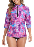 Halcurt Women's 3/4 Sleeve Rash Guard Swimsuit Top High Neck Half Zip Swim Shirt Only UPF50+ Quick Dry Bathing Suit Geometric M