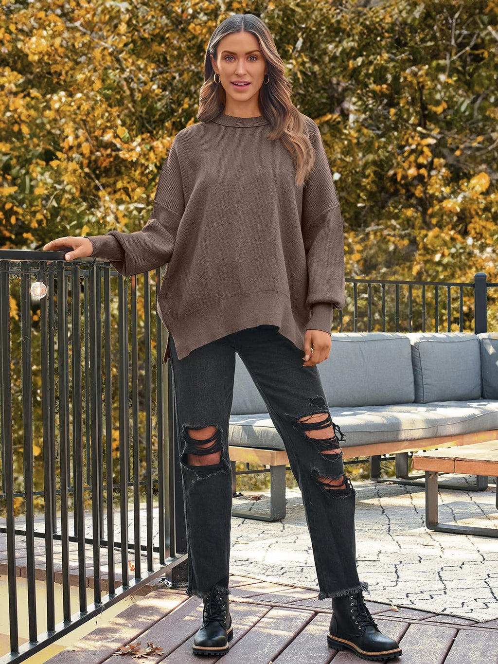 LILLUSORY Oversized Sweaters for Women 2025 Fall Fashion Outfits Trendy Crewneck Knit Cute Lightweight Sweater Pullover Tops Long Sleeve Shirts Winter Clothes Nutmeg M