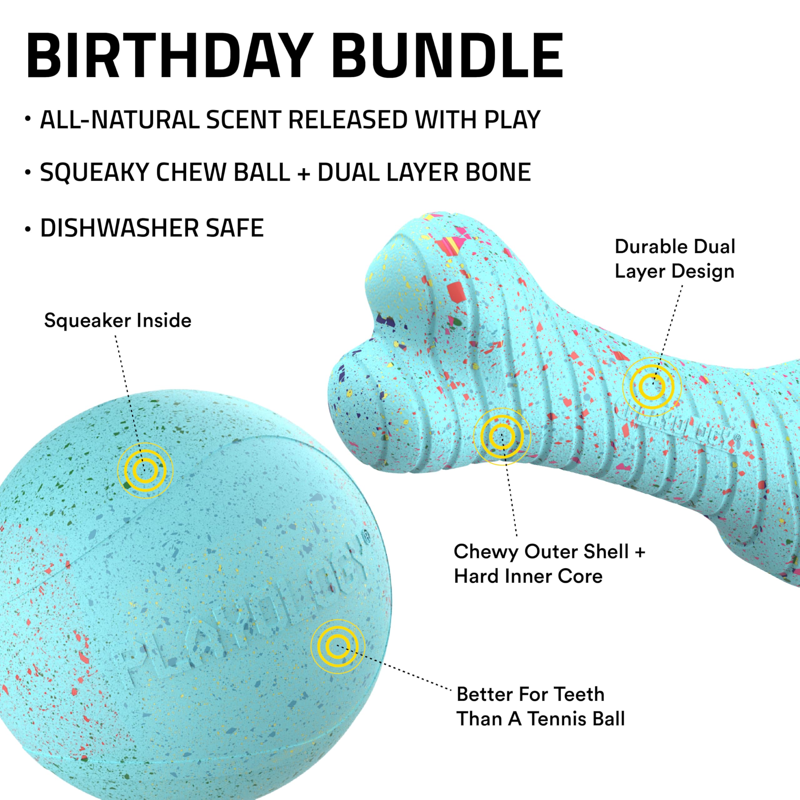 Playology Dog Toys | Birthday Box for Large Dogs | Peanut Butter Birthday Cake Scented Jumbo Gift Bundle | 1 Squeaky Chew Ball, 1 Dual Layer Bone, & 1 Doggy Bday Card