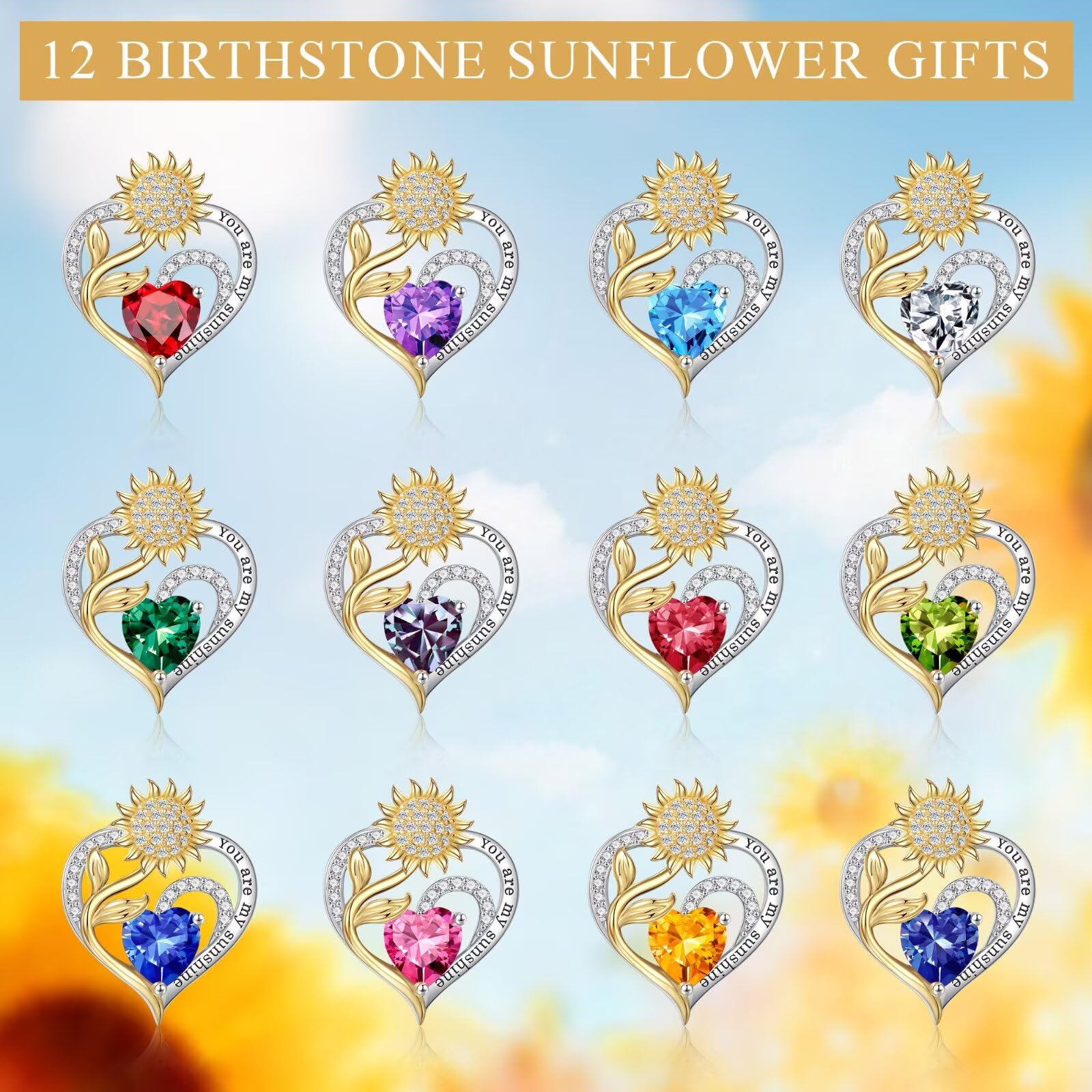 Iefil Sunflower Gifts for Women, Sunflower Necklace, Anniversary Birthday Gifts for Her, You Are My Sunshine Necklaces, October Tourmaline Jewelry, Heart Pendant Birthstone Necklace for Women Wife Mom