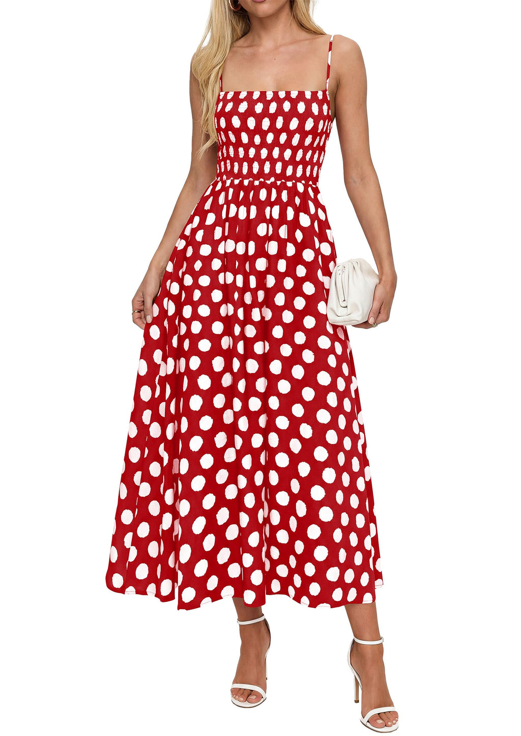 PRETTYGARDEN Womens Polka Dot Dress 2026 Summer Spaghetti Strap Smocked Sundress Beach Vacation Wedding Guest Midi Dresses(Red,X-Small)