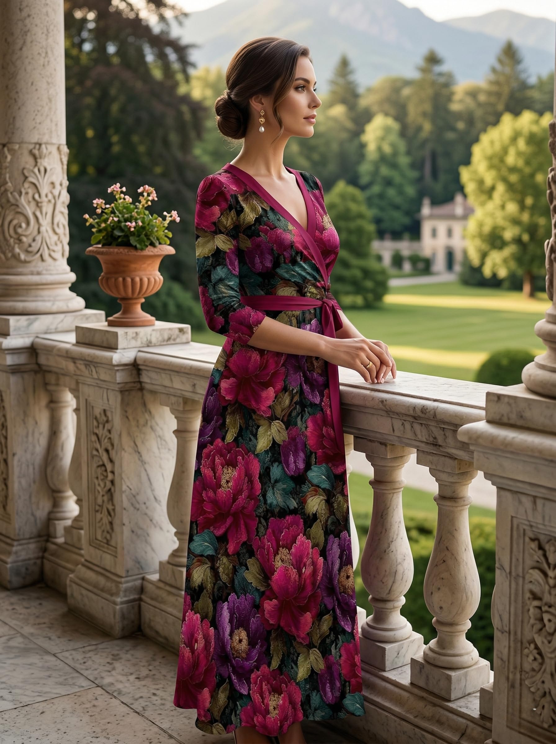 PinkPatty Plus Size Maxi Dress for Women 3/4 Sleeve V Neck Printing Dress Wedding Guest Sundress with Belt (A-Red/Purple Peony 2XL)