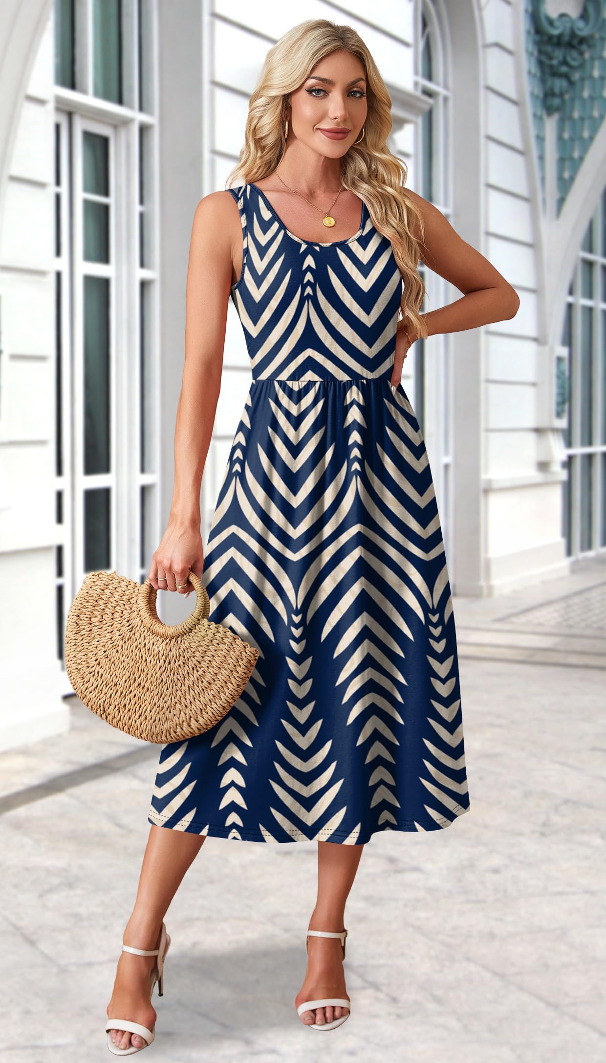 WIHOLL Casual Summer Dresses for Women 2025 Sleeveless Flowy Sun Spring Dress Sundresses Boho Italian Beach Vacation Dress Long Maxi Midi Dresses for Women 2026 Cruise Resort Wear Navy Stripe L