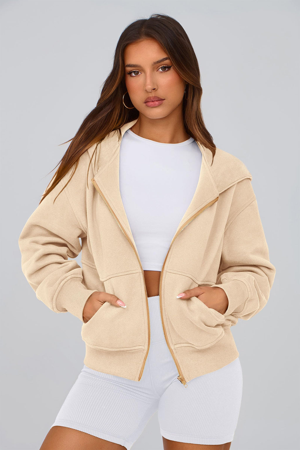 PRETTYGARDEN Hoodies for Women Sweatshirt Zip Up Hoodie Fall Fashion 2026 Trendy Long Sleeve Jackets Winter Clothing Outfits (Apricot,Medium)