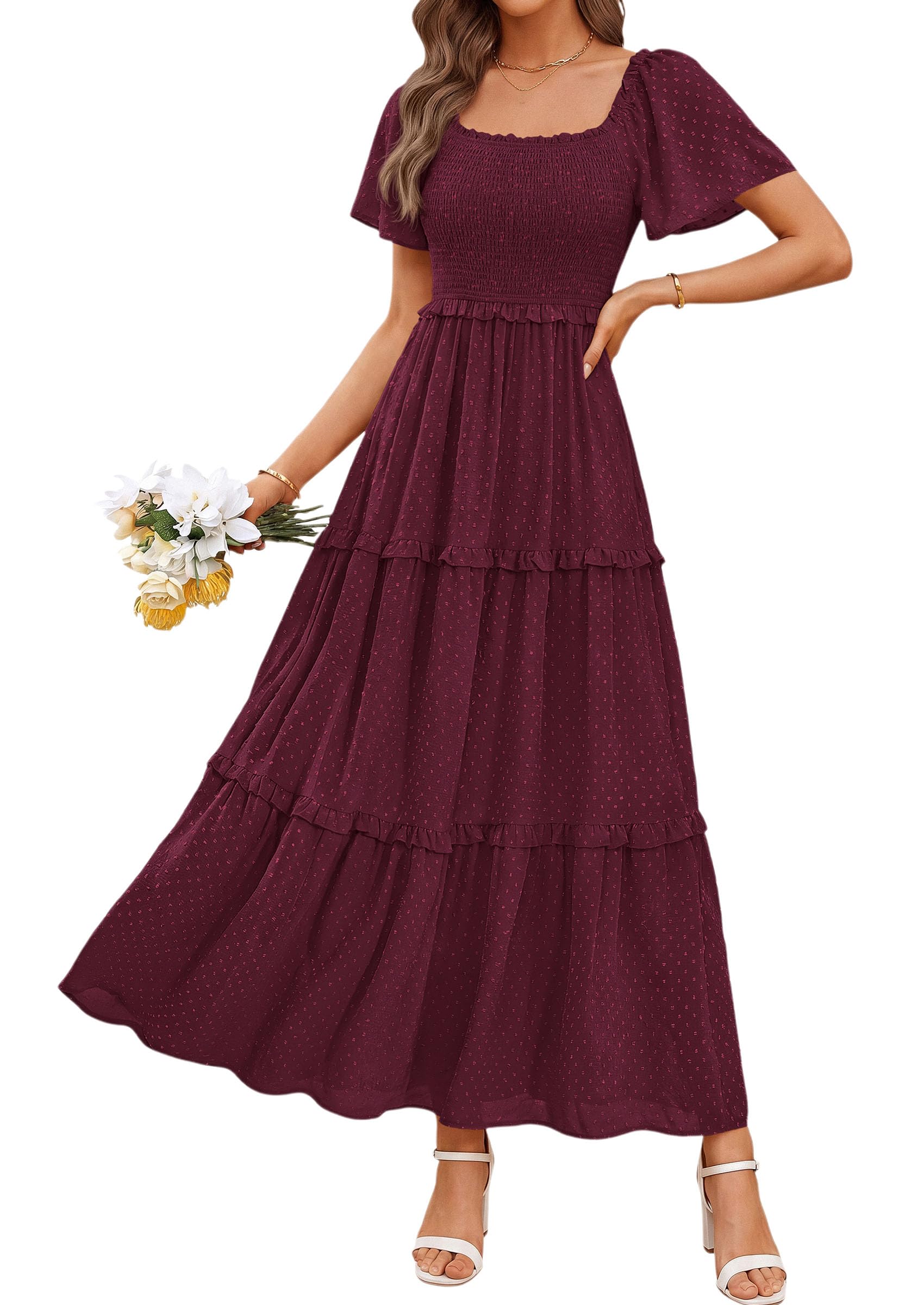 PRETTYGARDEN Summer Dresses for Women 2026 Boho Maxi Smocked Spring Wedding Guest Square Neck Short Sleeve Swiss Dot Dress (Wine Red,X-Large)