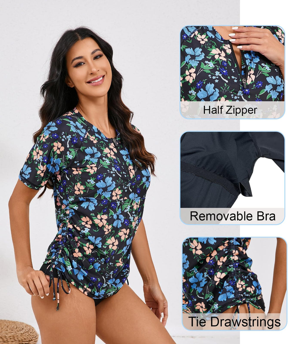 Halcurt Women's Short Sleeve Rash Guard Swim Shirt with Bra Half Zip Tie Drawstring UPF50+ Swimsuit Top Black Blue Yellow Flowers 2XL
