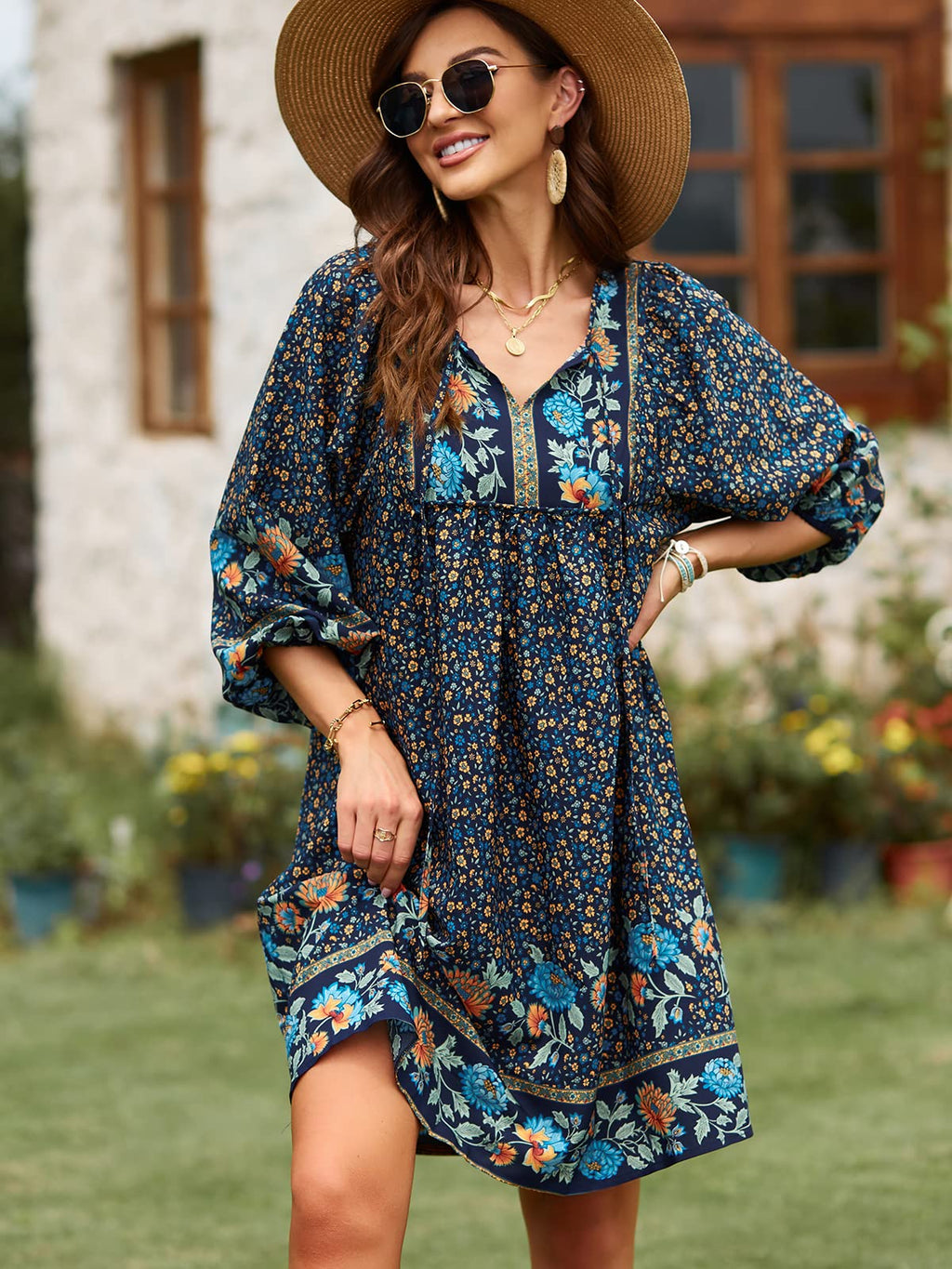 Qearal Womens Summer Beach Dresses V Neck 3/4 Long Sleeve Floral Print Casual Dresses Navy, XL