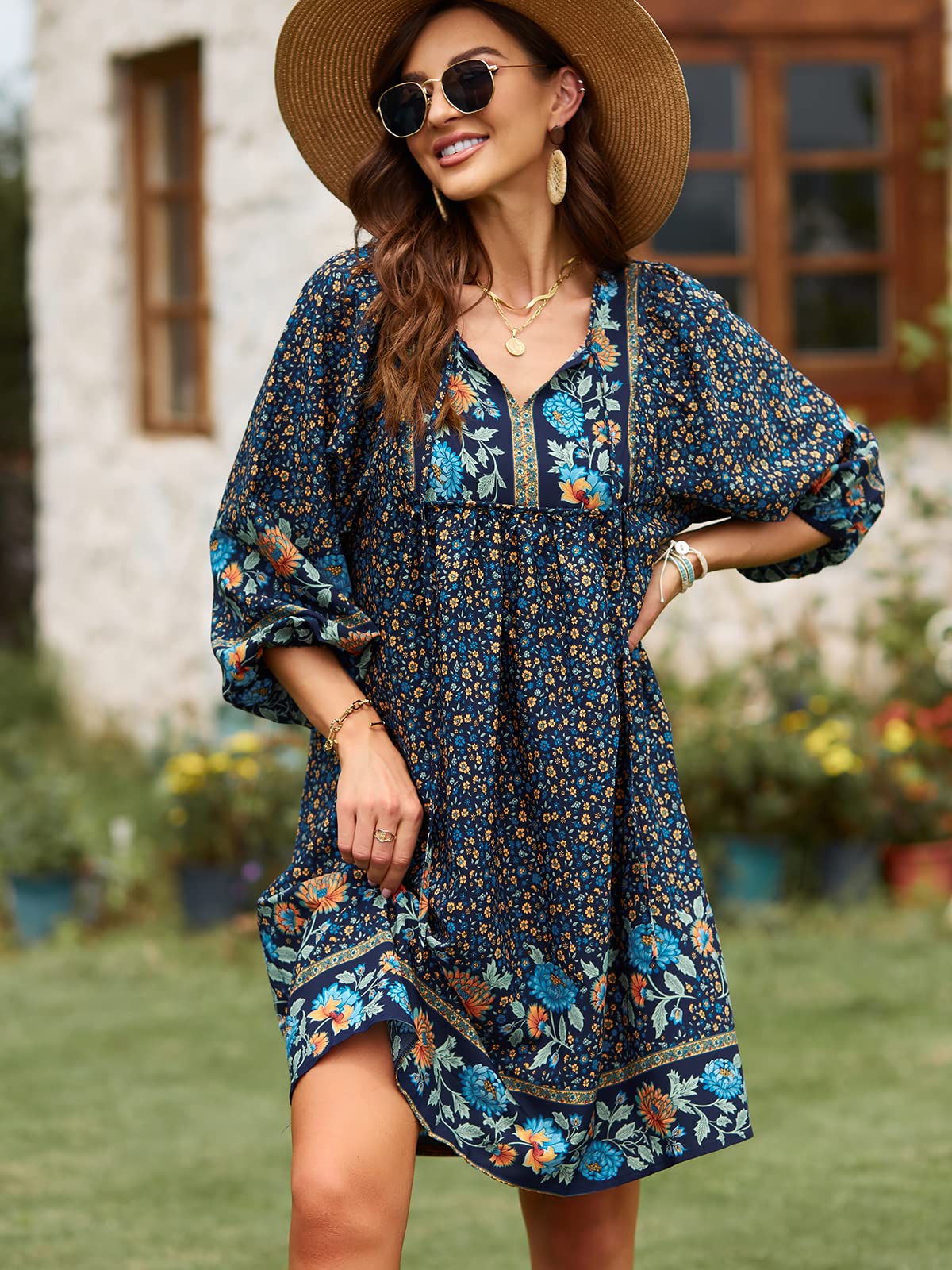 Qearal Womens Summer Beach Dresses V Neck 3/4 Long Sleeve Floral Print Casual Dresses Navy, XL
