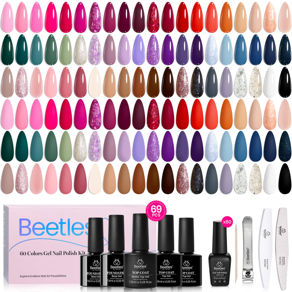 Beetles Gel Nail Polish Set - Transcendent Allure 60 Colors Winter Gel Polish Kit Orange Burgundy Red Green Brown Blue White Black Purple Glitter with Base Top Coat UV LED Needed DIY Gifts for Women