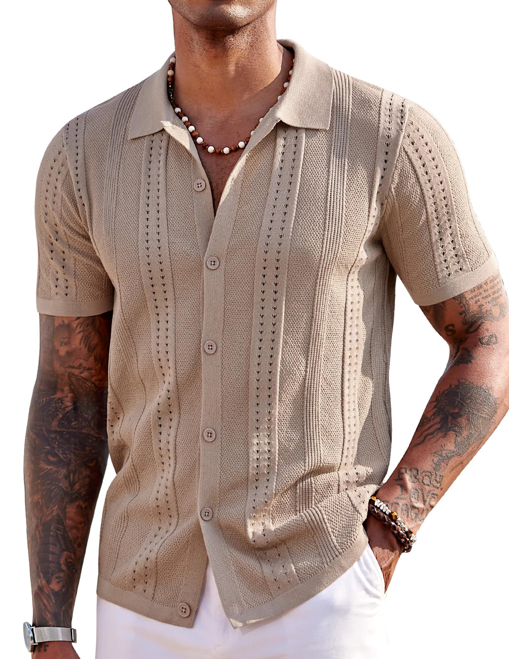 COOFANDY Men's Knit Shirts Short Sleeve Button Down Polo Shirt Fashion Casual Summer Beach Shirts, Khaki, Medium