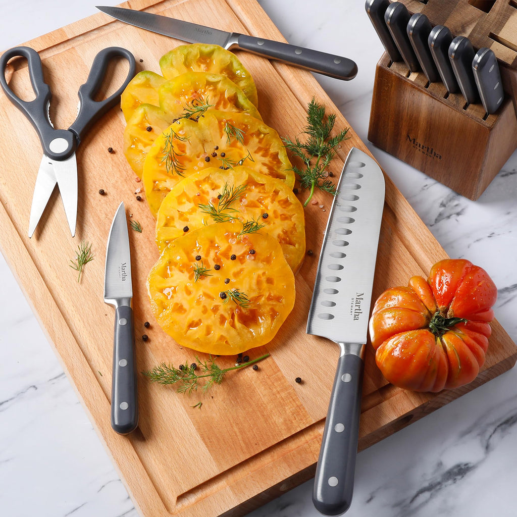 MARTHA STEWART Eastwalk 14 Piece High Carbon Stainless Steel Cutlery Knife Block Set w/ABS Triple Riveted Forged Handle Acacia Wood Block - Gray