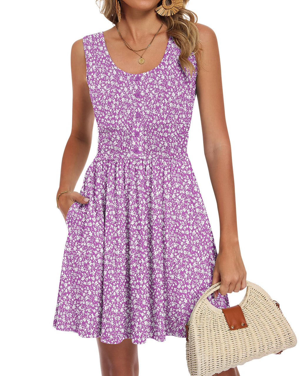 AUSELILY Dresses for Women Sleeveless U Neck Mini Dress with Pockets 2026, Rose Purple Floral M