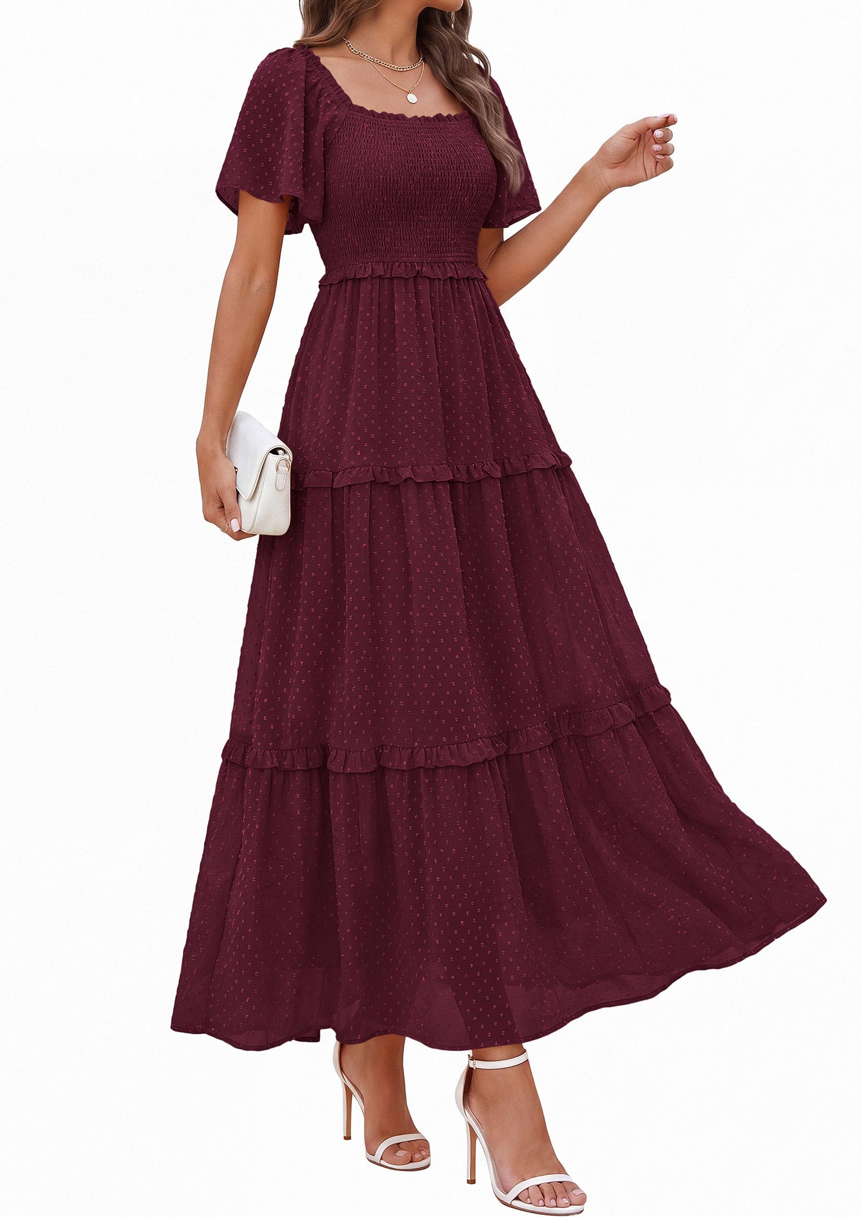PRETTYGARDEN Summer Dresses for Women 2026 Boho Maxi Smocked Spring Wedding Guest Square Neck Short Sleeve Swiss Dot Dress (Wine Red,X-Large)