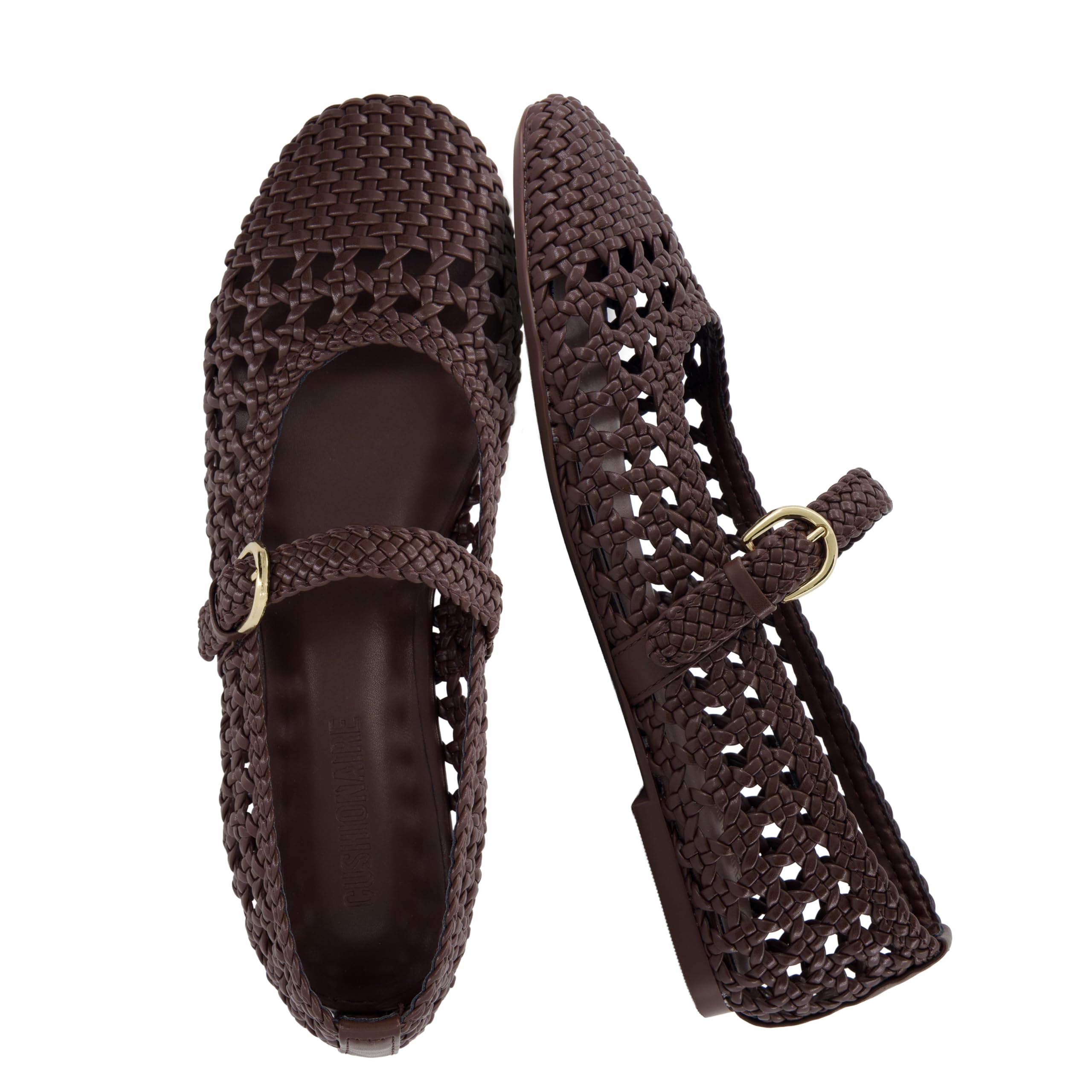CUSHIONAIRE Windsor Woven Womens Flats with Adjustable Strap – Comfortable Mary Jane Ballet Flats for Women, Brown 10W