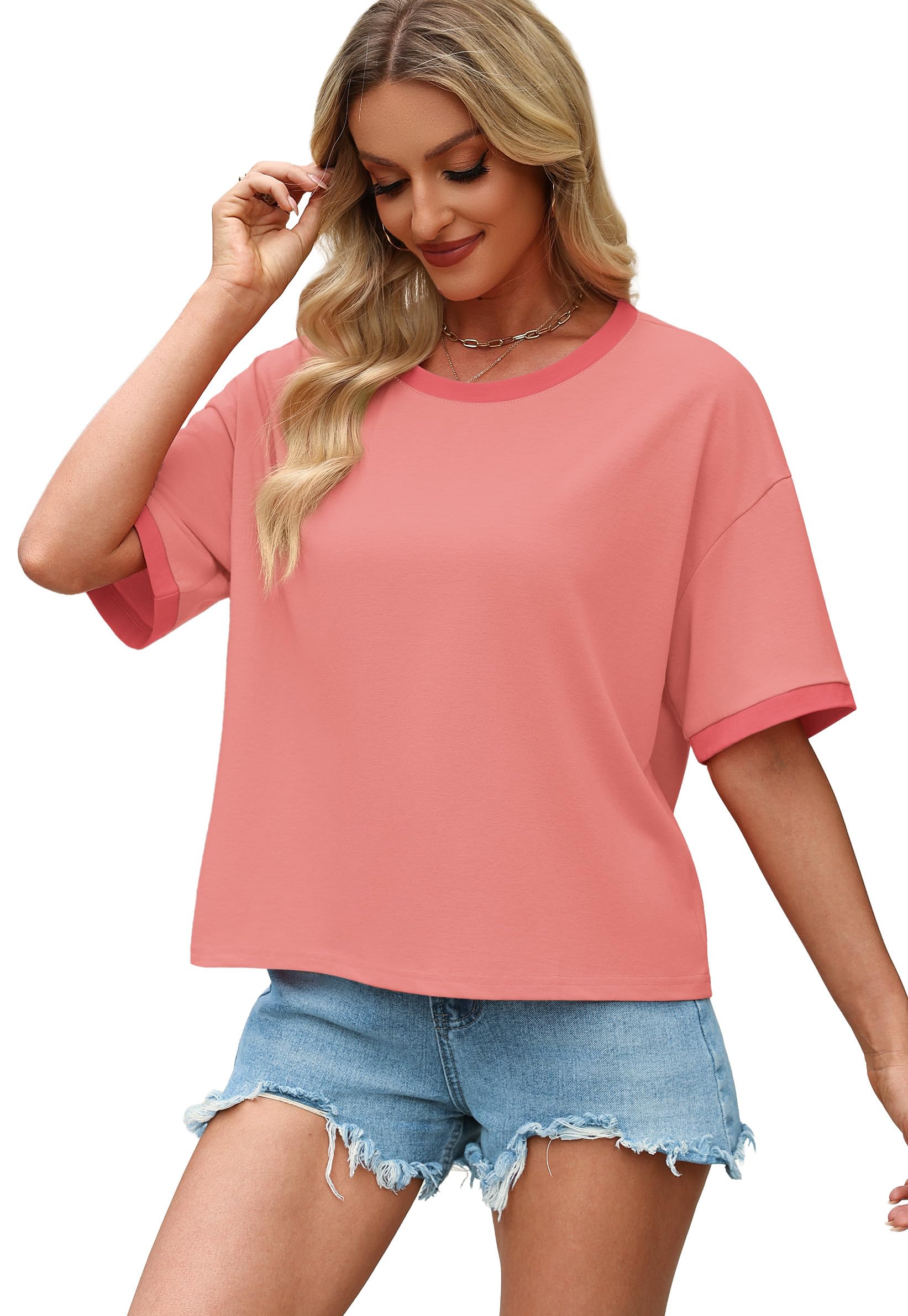 Tshirts Shirts for Women Graphic Loose Fitting Y2K Tops Summer Vacation Outfits Resort Wear Coral S