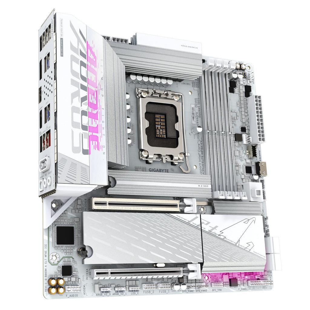 GIGABYTE B860M AORUS Elite WIFI6E ICE Intel Core Ultra (Series 2) LGA 1851 Motherboard, mATX, DDR5, 3X M.2, PCIe 5.0, USB-C, WIFI6E, 2.5GbE LAN, EZ-Latch