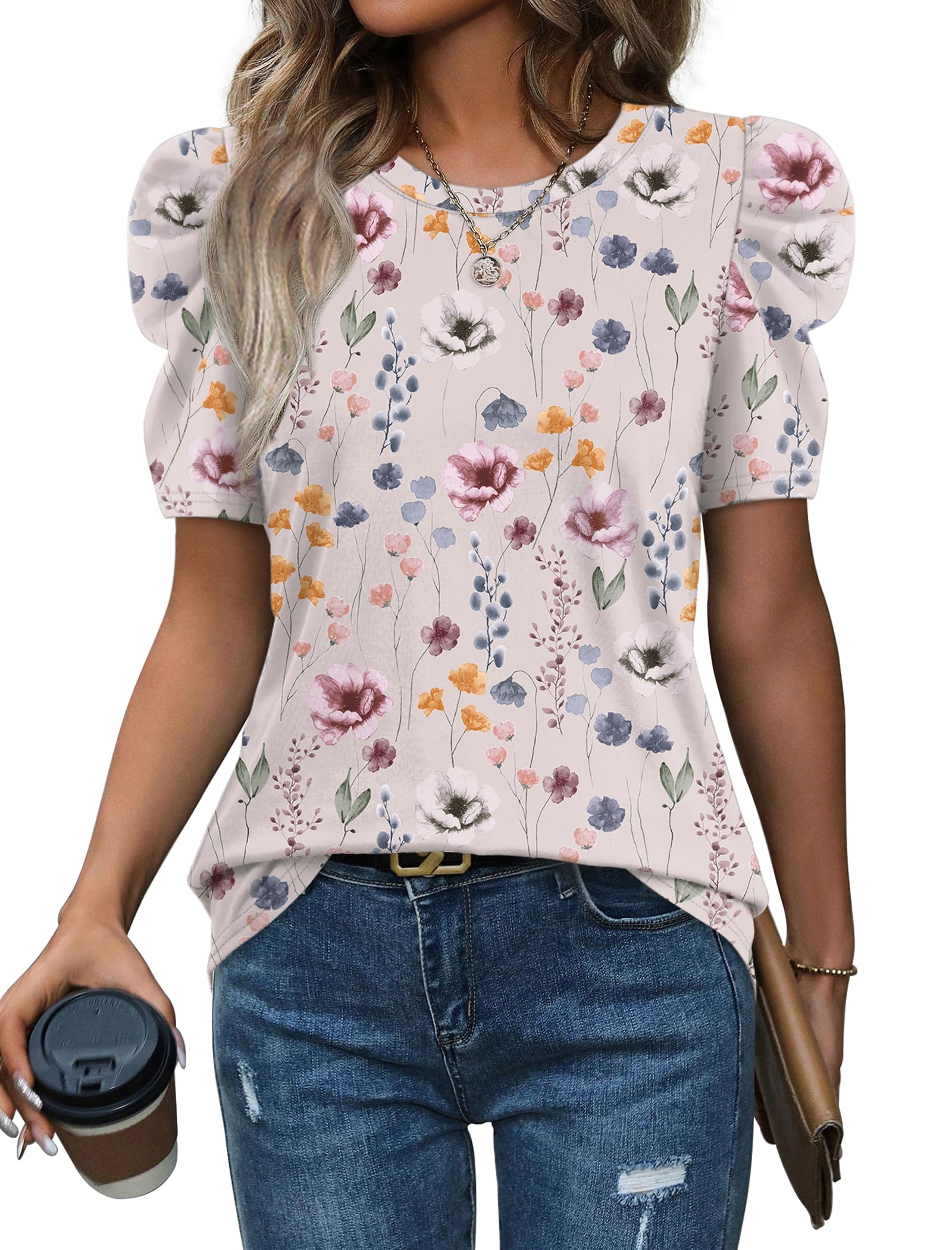 WIHOLL Plus Size Spring Tops for Women 2026 Dressy Casual Summer Lightweight Top and Blouses Crewneck Puff Sleeve School Teacher Shirts Fashion Clothes Floral XL