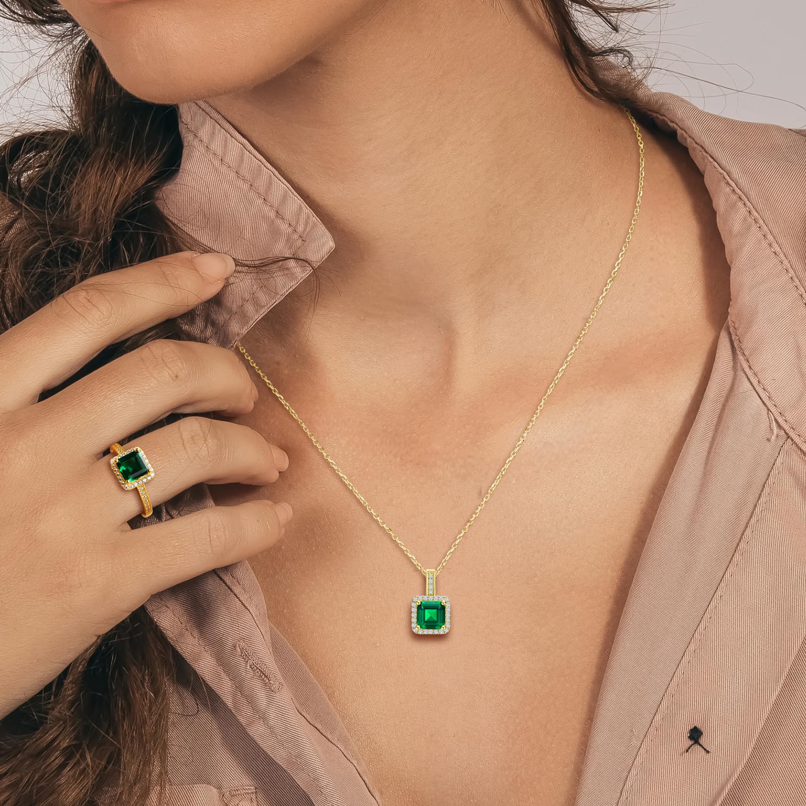 AGRULE Simple Emerald Necklace for Women Wedding Anniversary 14K Gold Plated Sterling Silver Rolo Chain Diamond Accented Green Solitaire Pendant