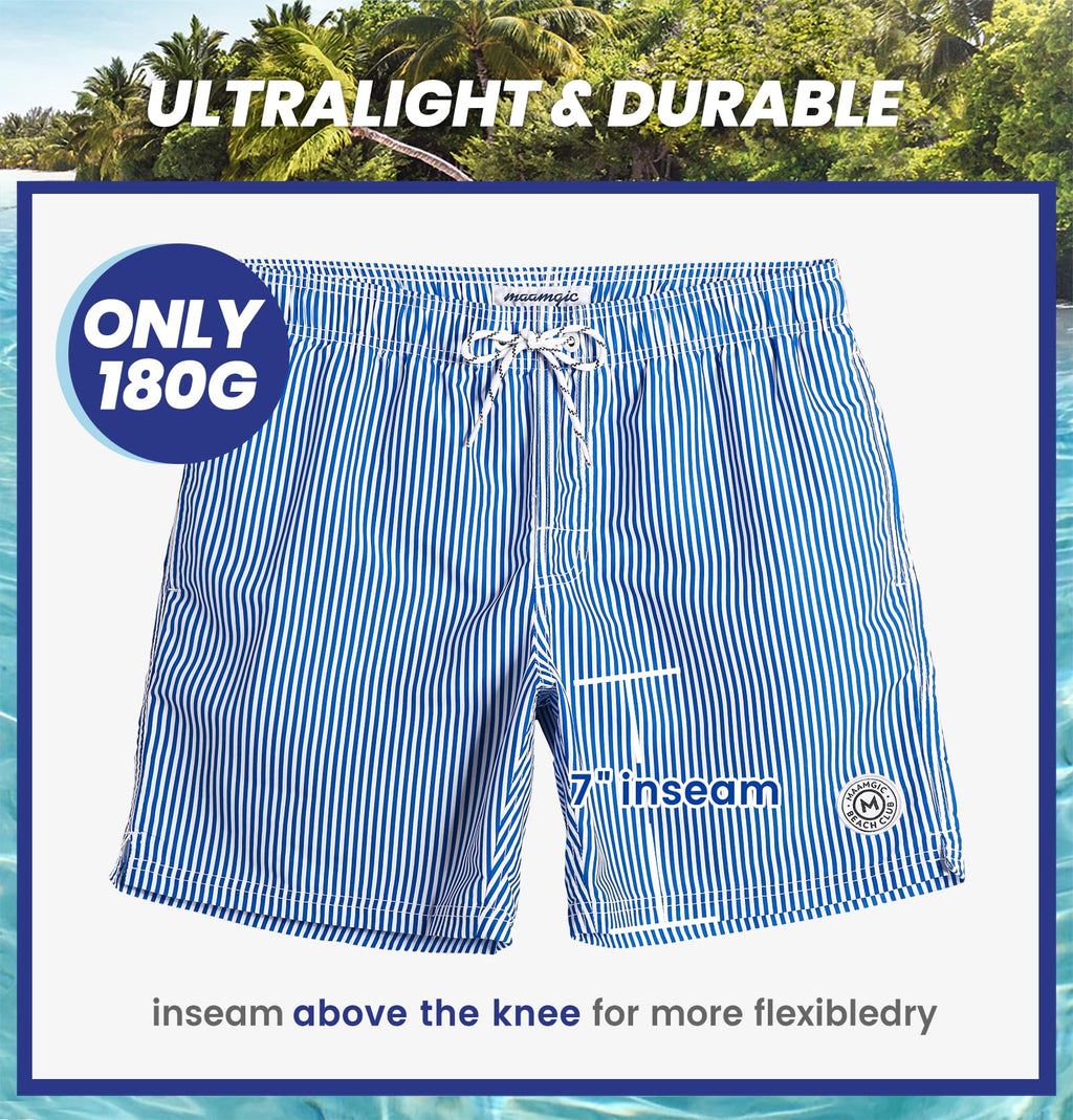 maamgic Mens Swim Trunks Quick Dry Swim Shorts with Mesh Lining Funny Swimwear Bathing Suits 7inch Blue Striped Medium
