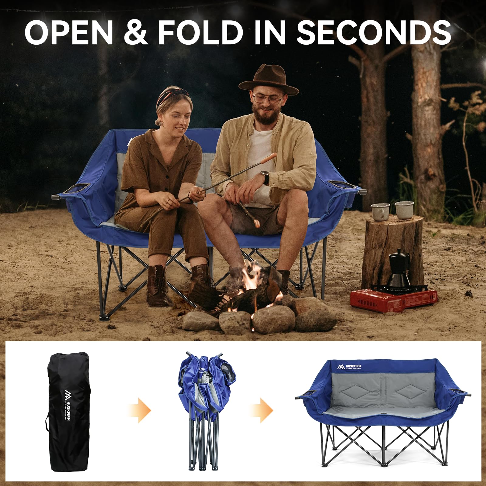 Double Camping Chairs Oversized Loveseat - 2 Person Camping Chair Portable Lawn Folding Chair for Outside Adults - Heavy Duty Outdoor Camping Couch with Cup Hold, Blue