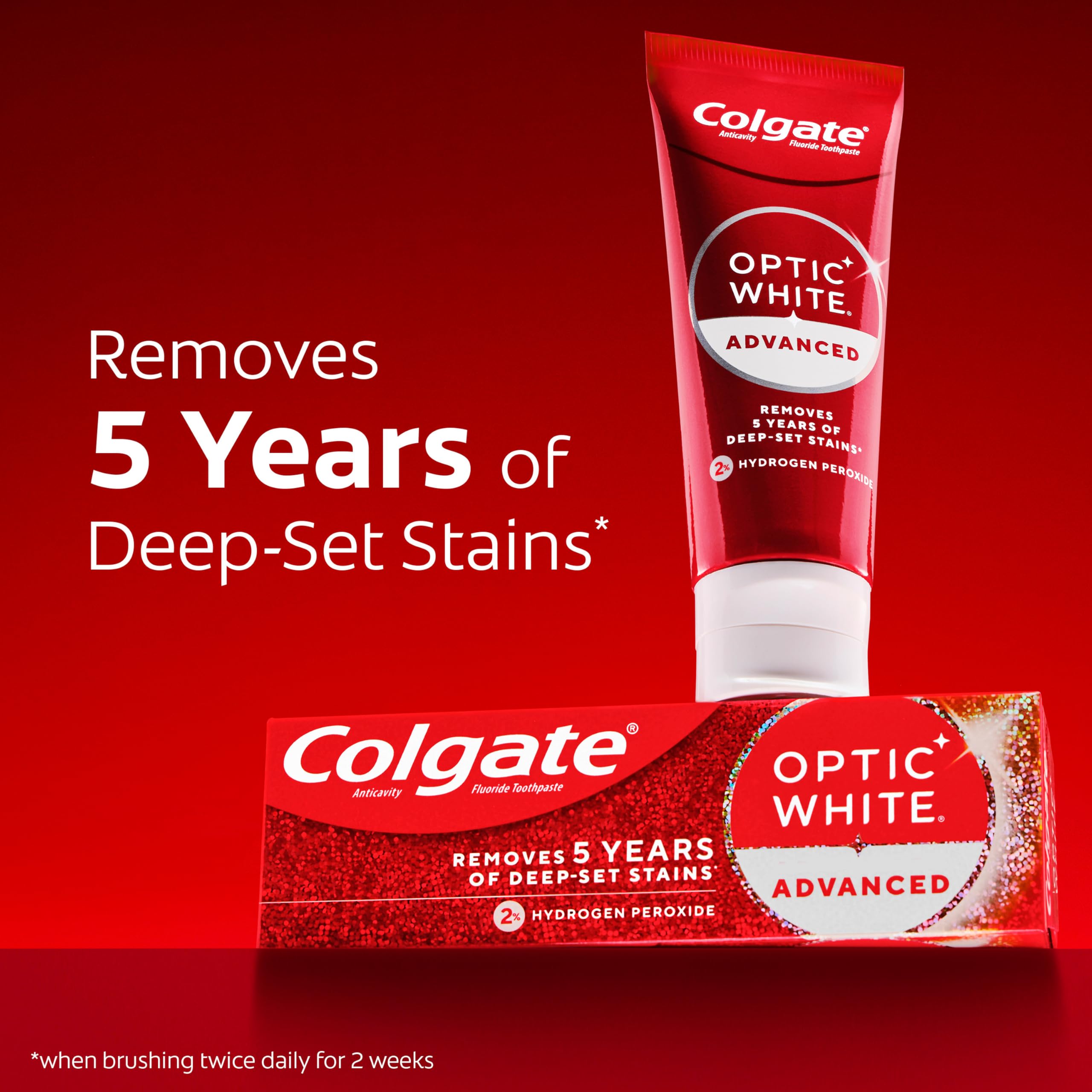 Colgate Optic White Advanced Hydrogen Peroxide Toothpaste, Teeth Whitening Toothpaste Pack, Enamel-Safe Formula, Helps Remove Tea, Coffee, and Wine Stains, Sparkling White, 3 Pack, 3.2 oz