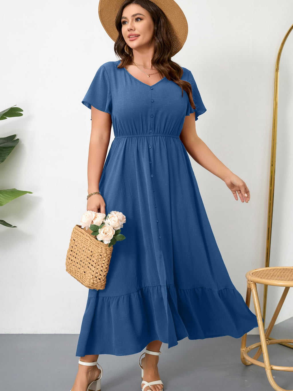 RWJ Women Plus Size Maxi Dress V Neck Short Sleeve Button Trim Split Flowy Tiered Casual Long Dresses 2026 Dusty Blue X-Large