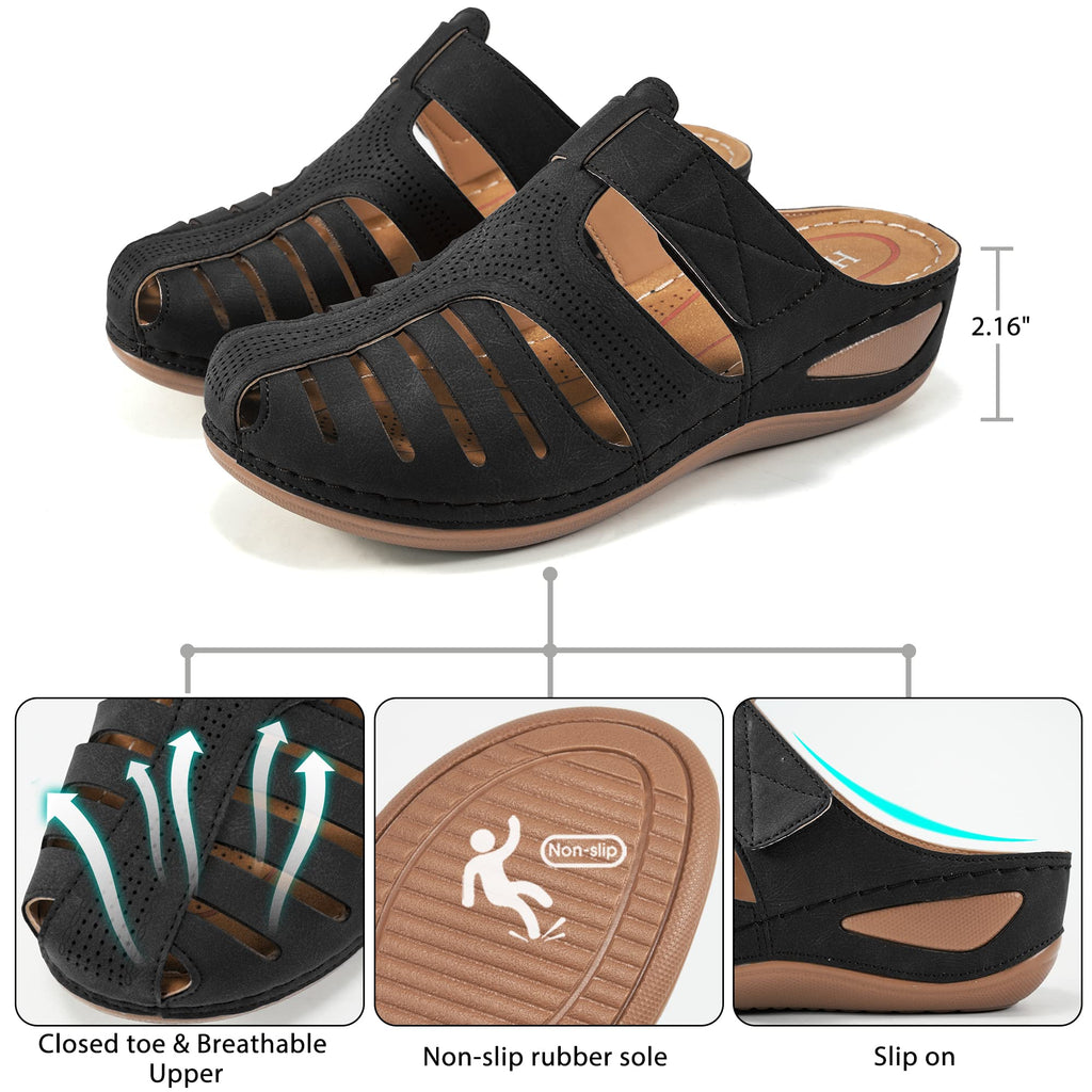 HARENCE Clogs for Women Mules Shoes: Comfortable Dressy Closed Toe Platform Sandals 2026 Summer Casual Adjustable Slip On Walking Wedges Black