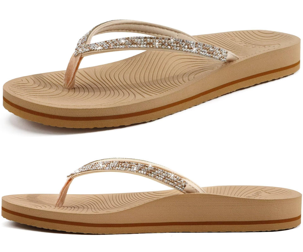 KuaiLu Women's Rhinestone Flip Flops with Comfort Arch Support Yoga Mat Cushion Sandals Fashion Summer Beach Travel Walking Thong Orthopedic Sandles Slip on Plantar Fasciitis Beige 6