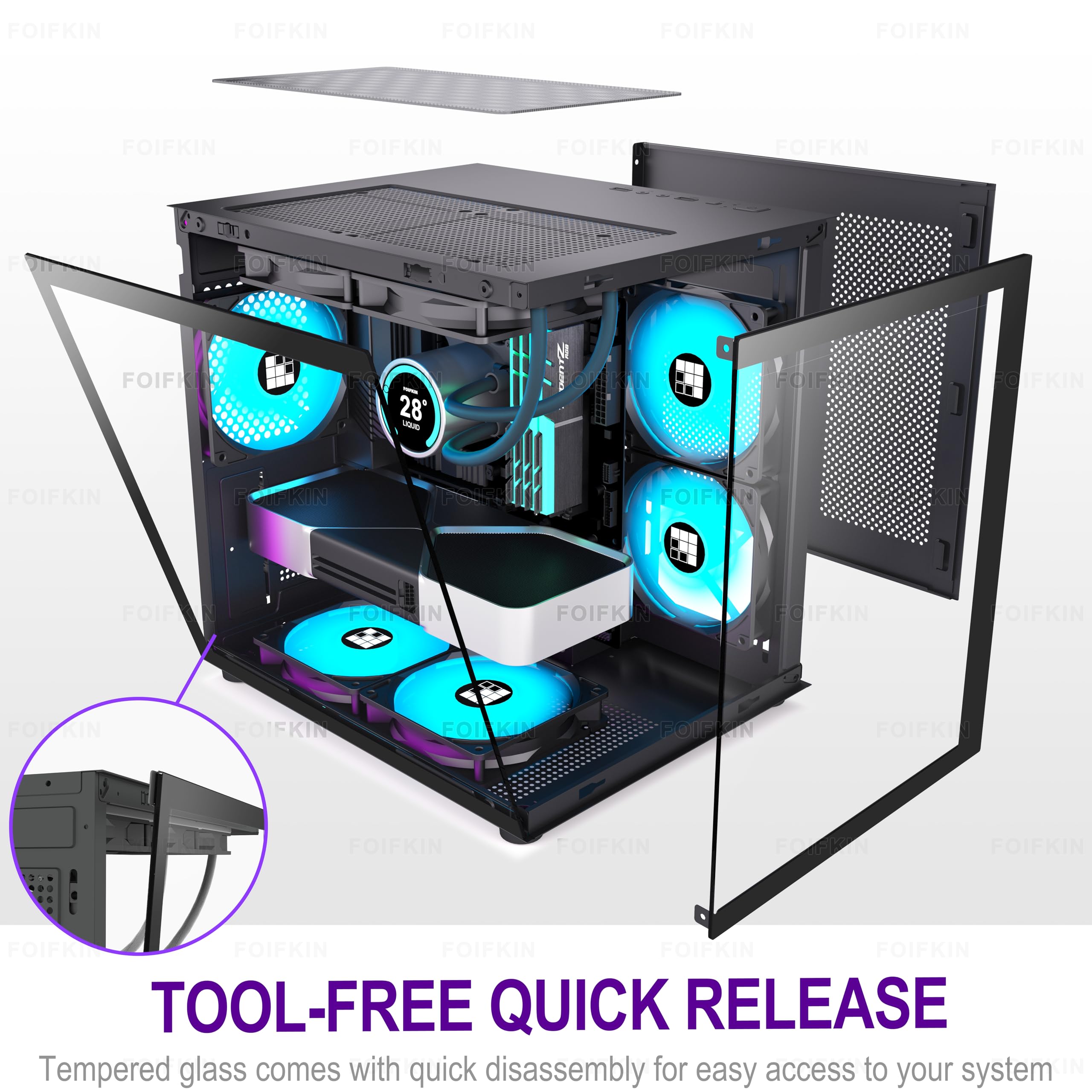 FOIFKIN F100 PC Case - Pre-Installed 3 ARGB Fan, Micro-ATX Gaming PC Case, 270° Panoramic Glass with USB 3.0, FOIFKIN (Black)
