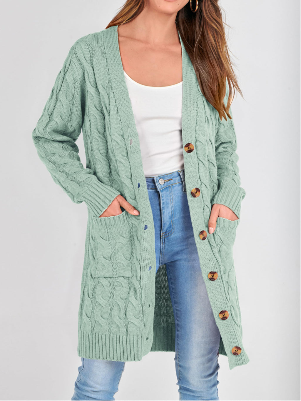 PRETTYGARDEN Long Sleeve Cable Knit Long Cardigan for Women 2026 Spring Winter Chunky Open Front Button Sweaters with Pockets (Bean Green, Small)