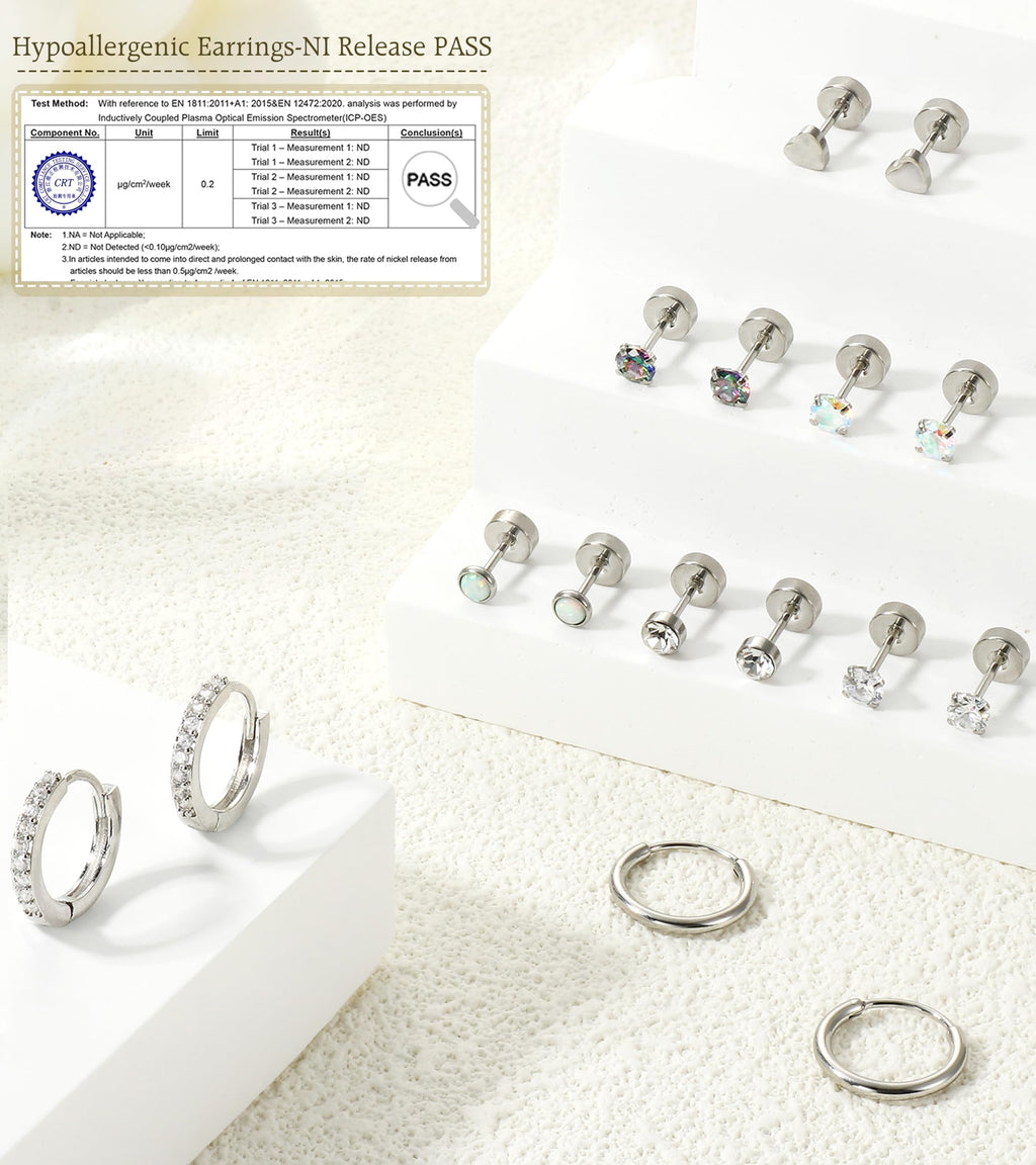 LOLIAS Hypoallergenic Surgical Steel Earrings for Sensitive Ears-Flat Back Earrings for Women Men 20G Small Stainless Steel Flatback Stud Hoop Cartilage Earring Stacks for Multiple Piercing Silver
