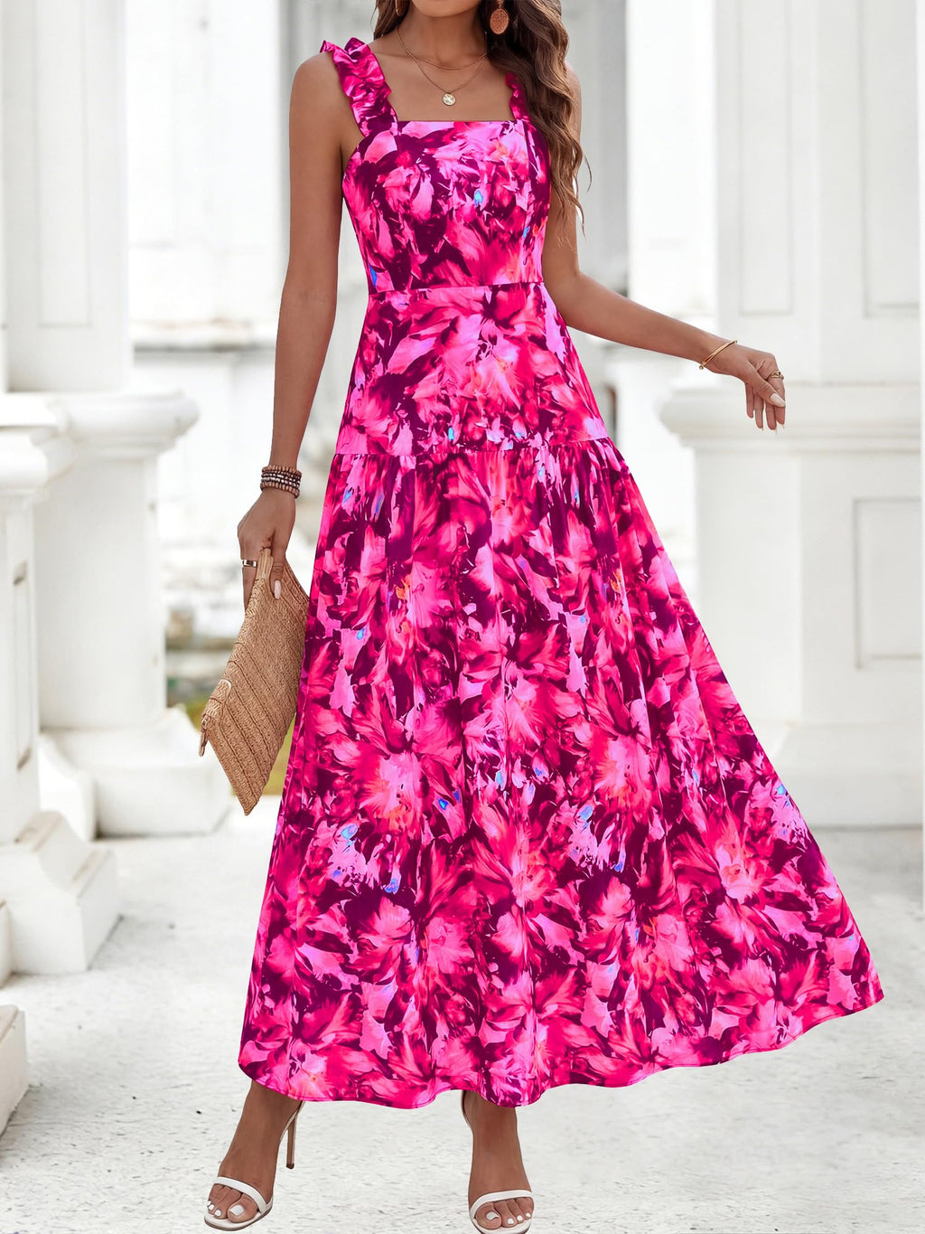 BTFBM Dresses for Women Summer 2026 Formal Sleeveless Smocked Floral Long Wedding Guest Dress Party Spring (Floral Rose Red,Large)