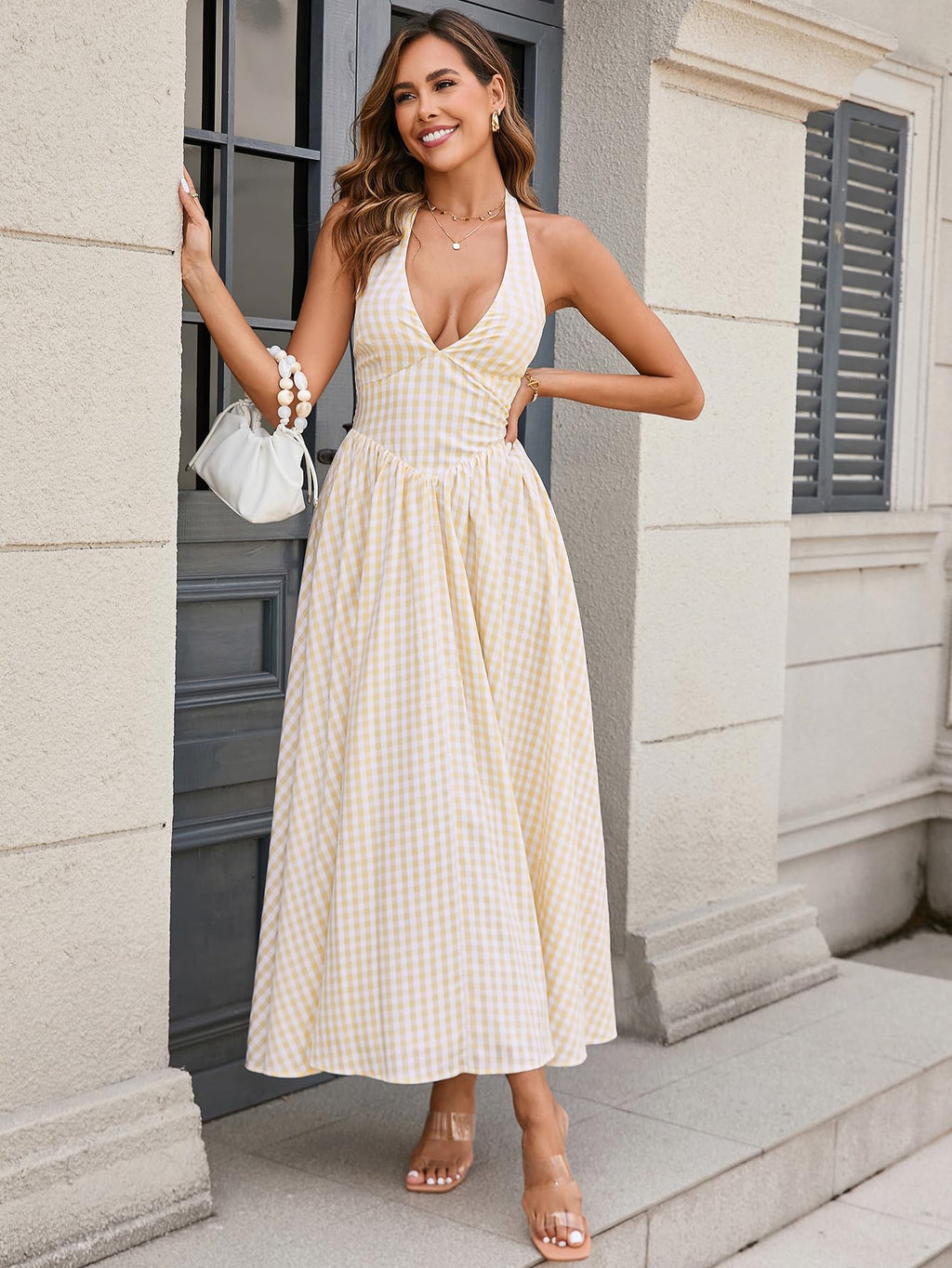 Parthea Women's Gingham Halter V Neck Midi Dress Corset Smocked Sundress Flowy A Line Wedding Guest Dresses Yellow