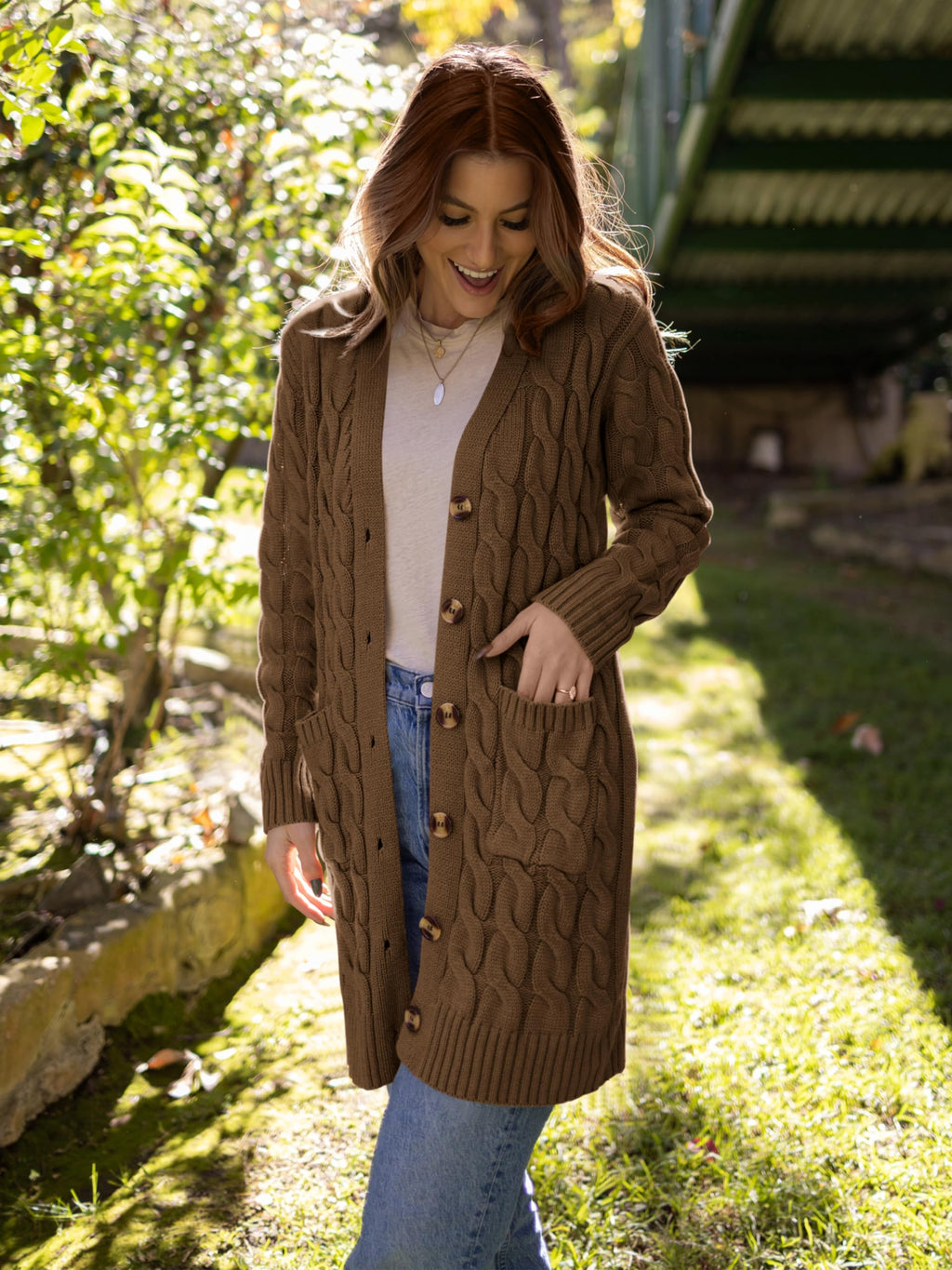 PRETTYGARDEN Long Sleeve Cable Knit Long Cardigan for Women 2026 Spring Winter Chunky Open Front Button Sweaters with Pockets(Coffee,Small)